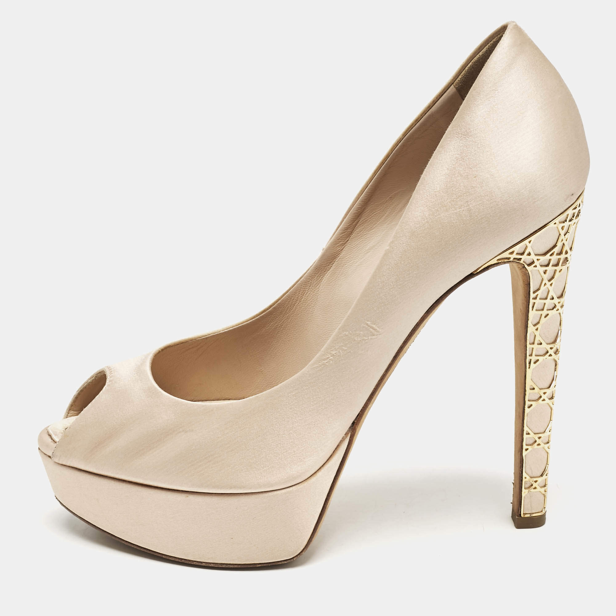 Dior Beige Satin Cannage Heel Peep Toe Platform Pumps Size 38