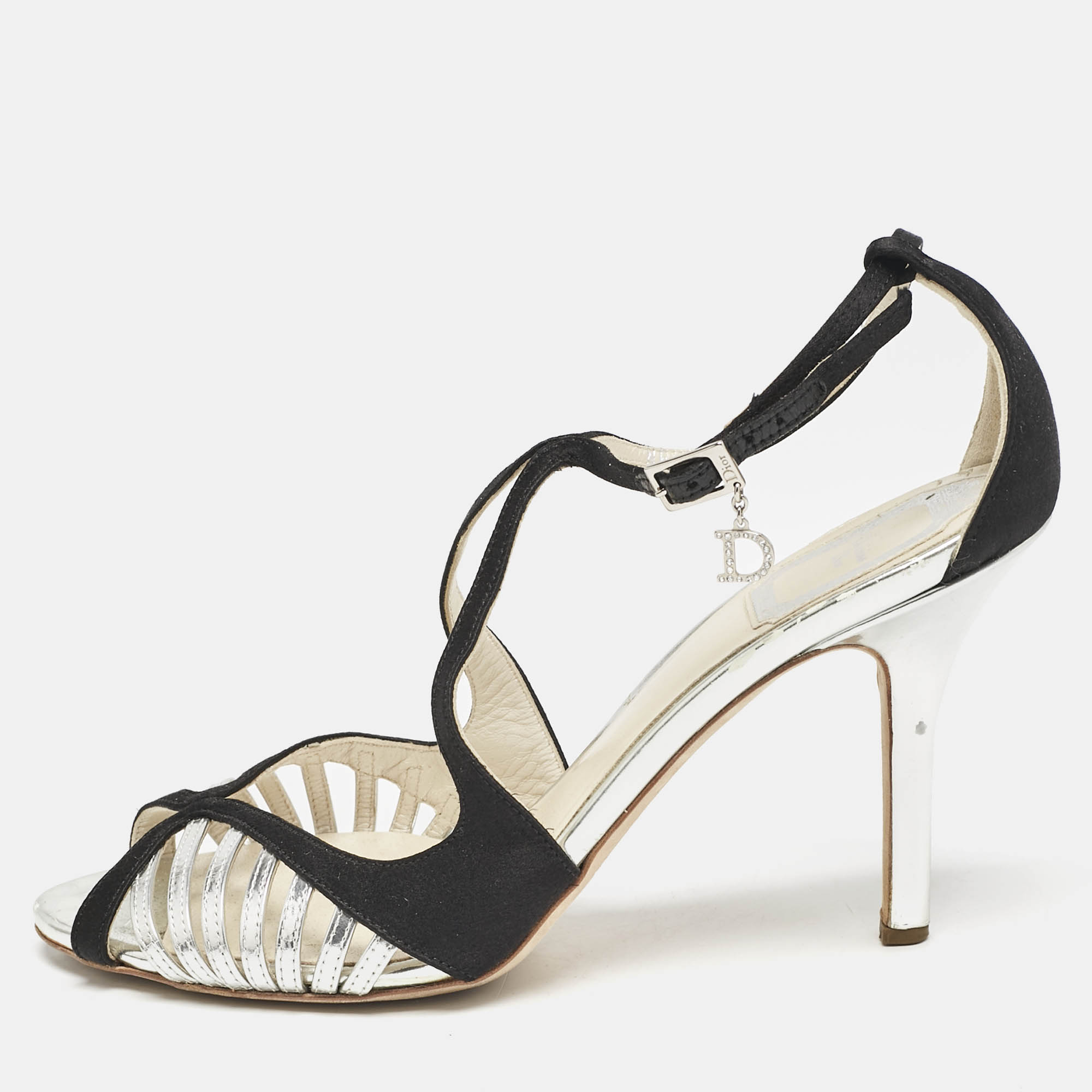 Dior Black/Silver Satin and Leather Strappy Ankle Strap Sandals Size 37.5
