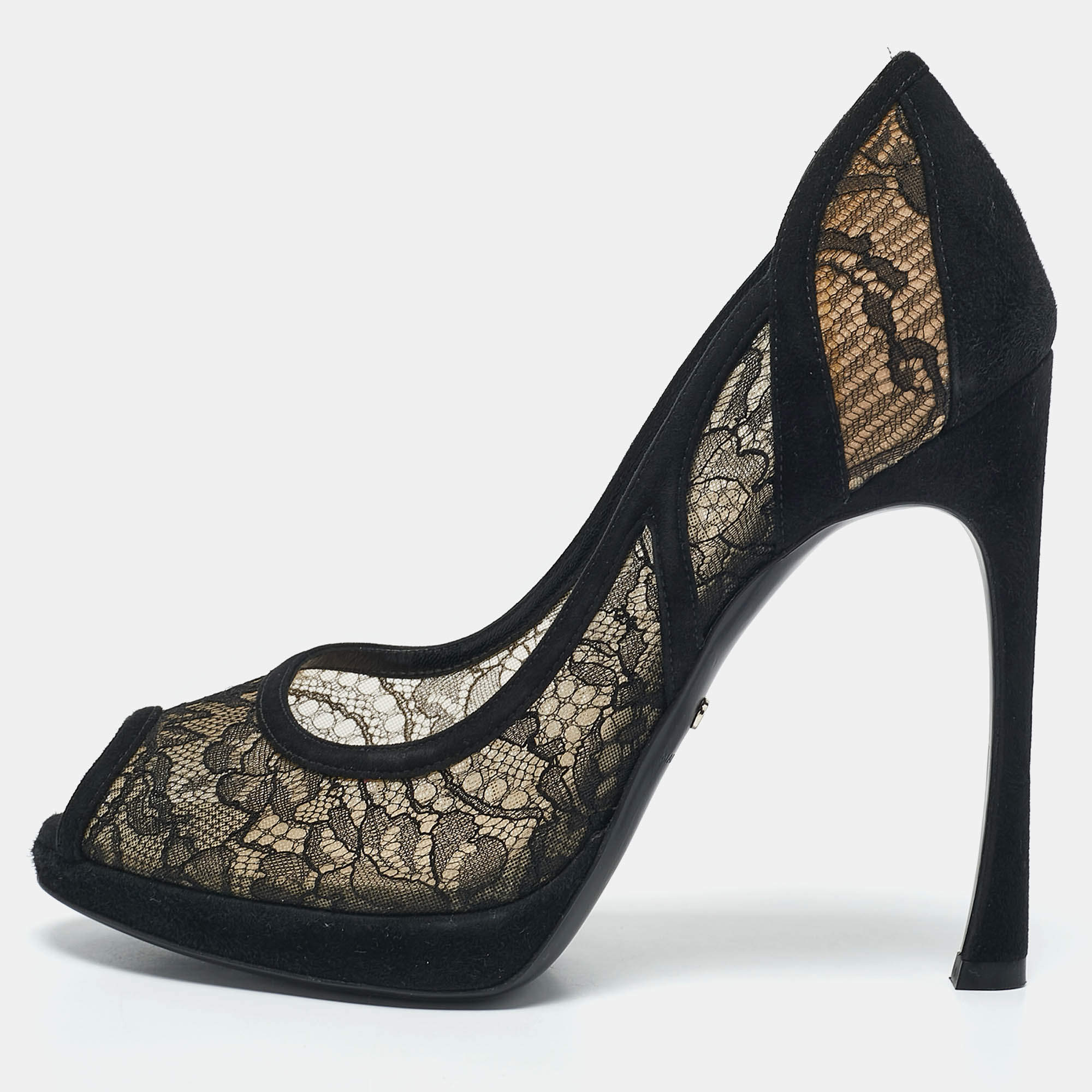 Dior Black Lace And Suede Scallop Peep Toe Pumps Size 37