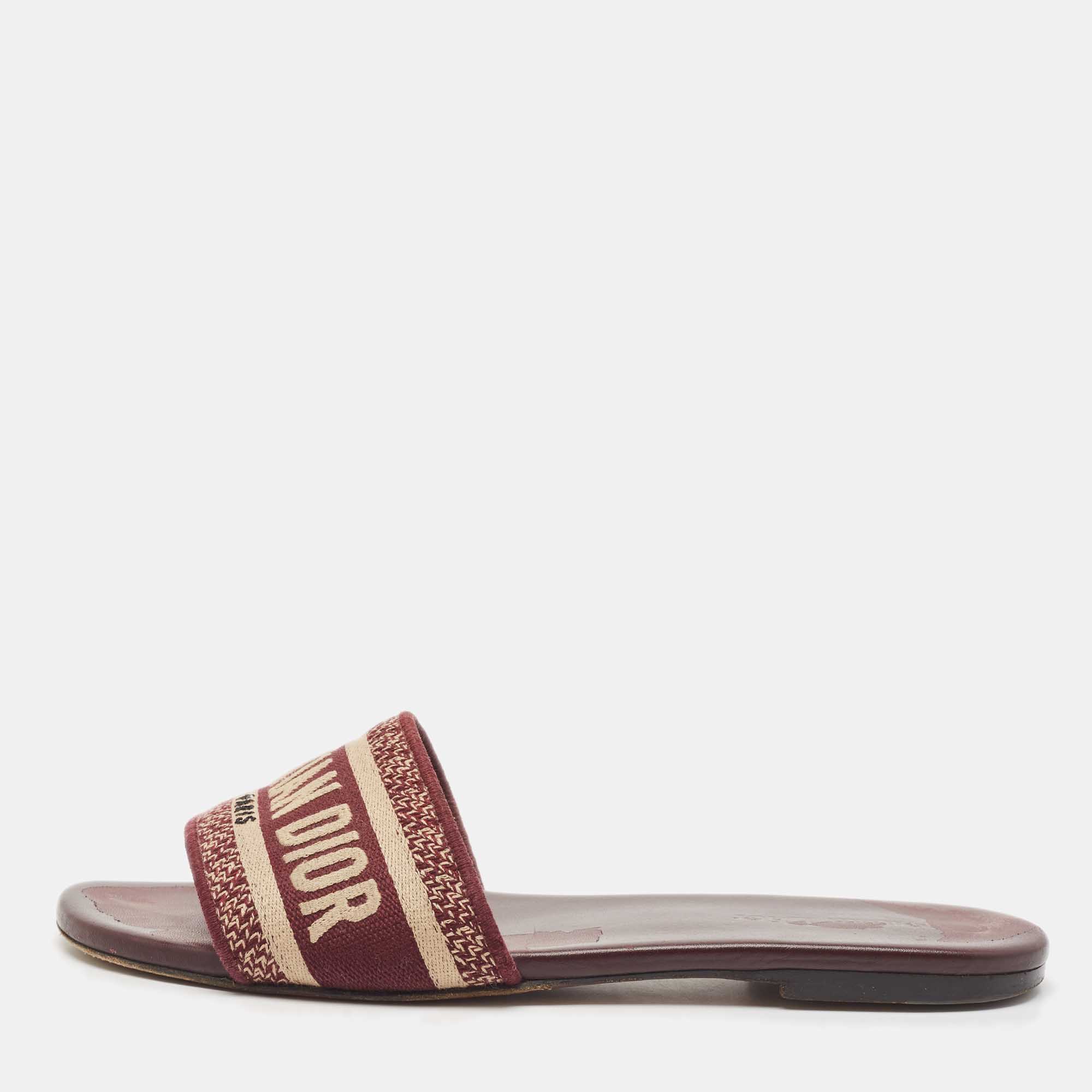 Dior Burgundy Embroidered Canvas Dway Flat Slides Size 38