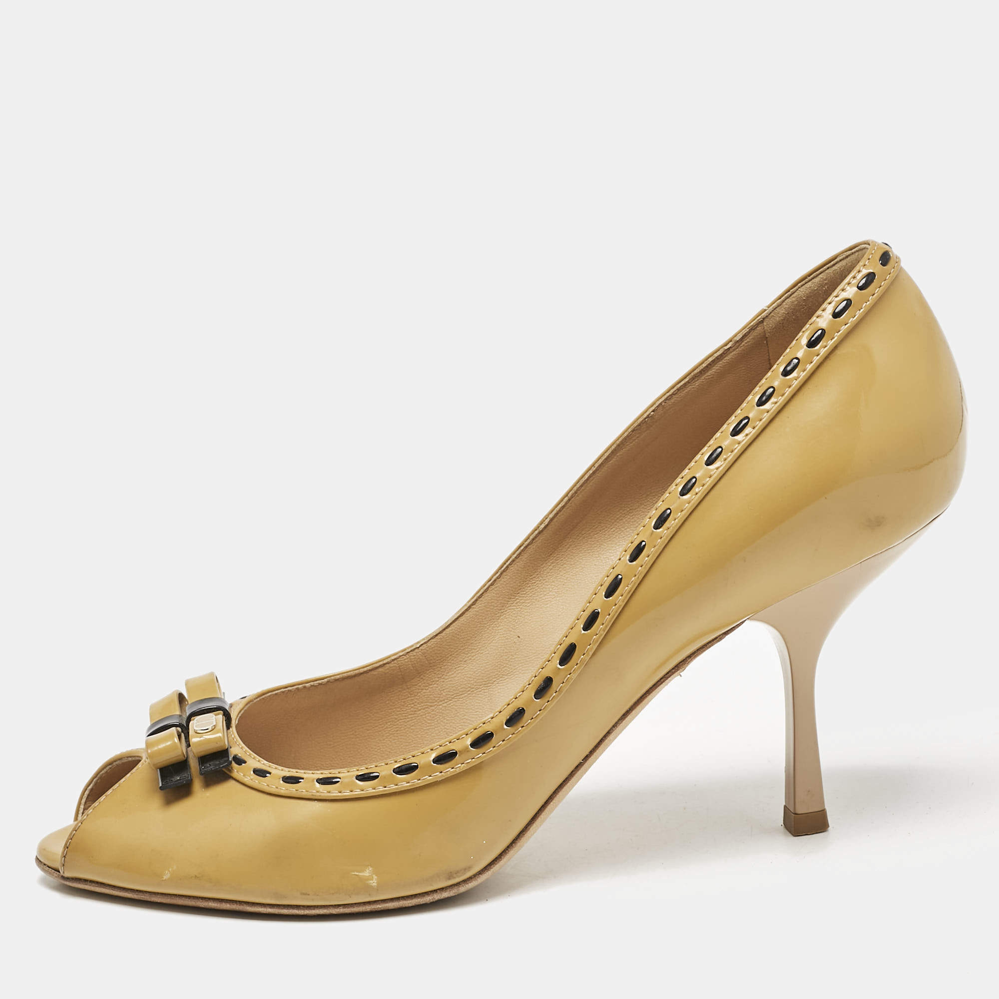 Dior Beige Patent Leather Idyll Peep Toe Pumps Size 39