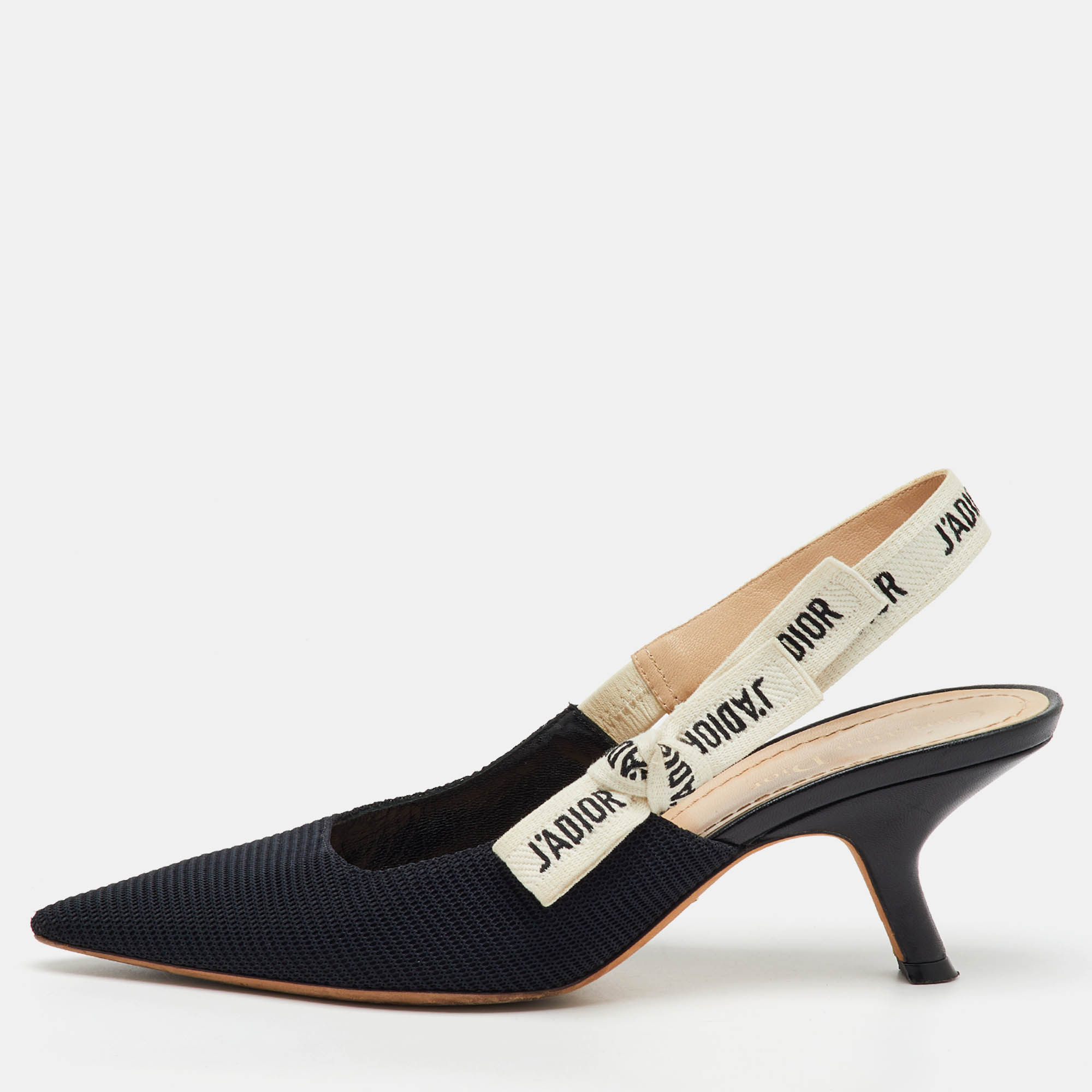 Dior Black Knit Fabric Pointed Toe J'Adior Slingback Pumps Size 38.5