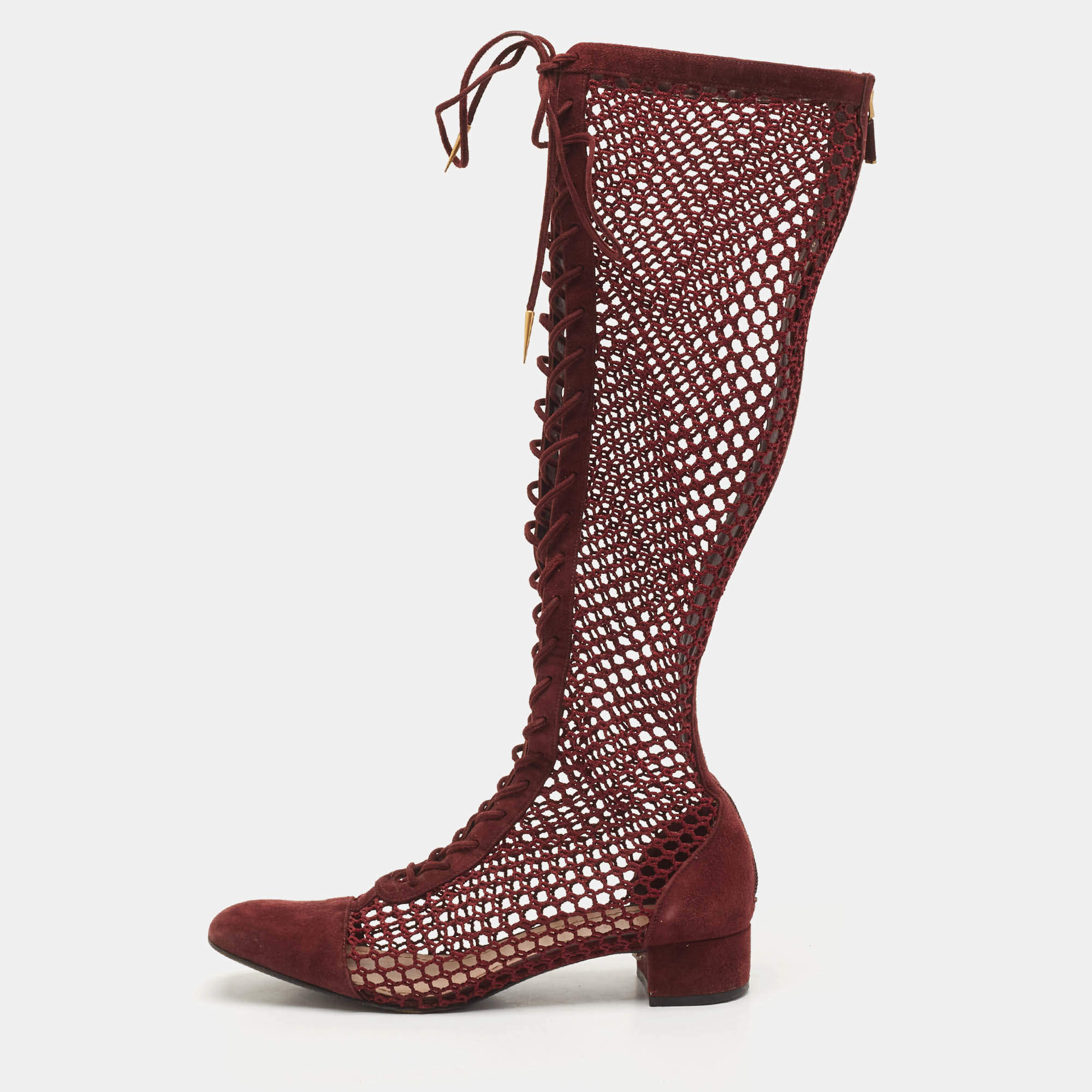 Dior Burgundy Mesh and Suede Naughtily D Knee Length Boots Size 39