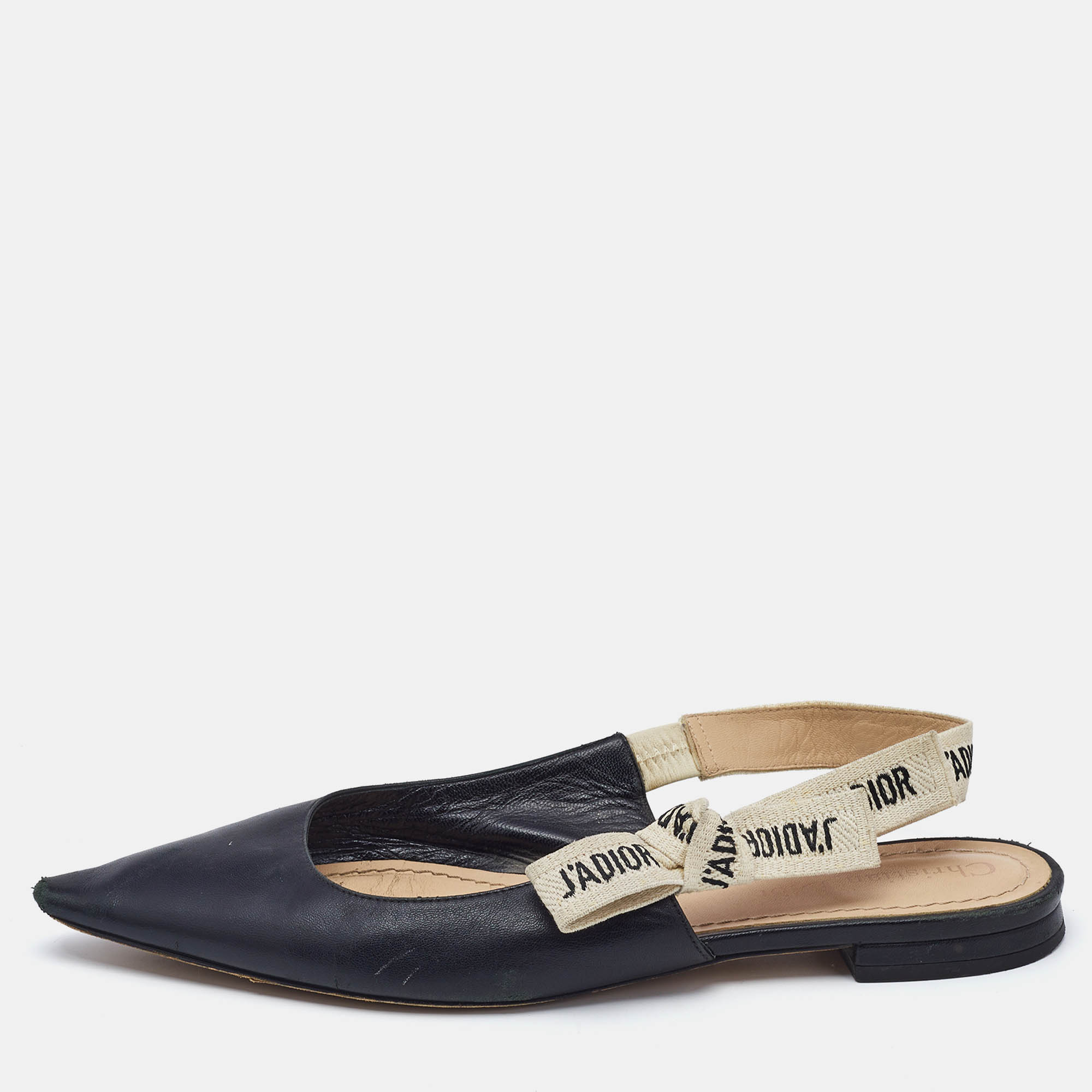 Dior Black Leather J'Adior Slingback Flats Size 37.5