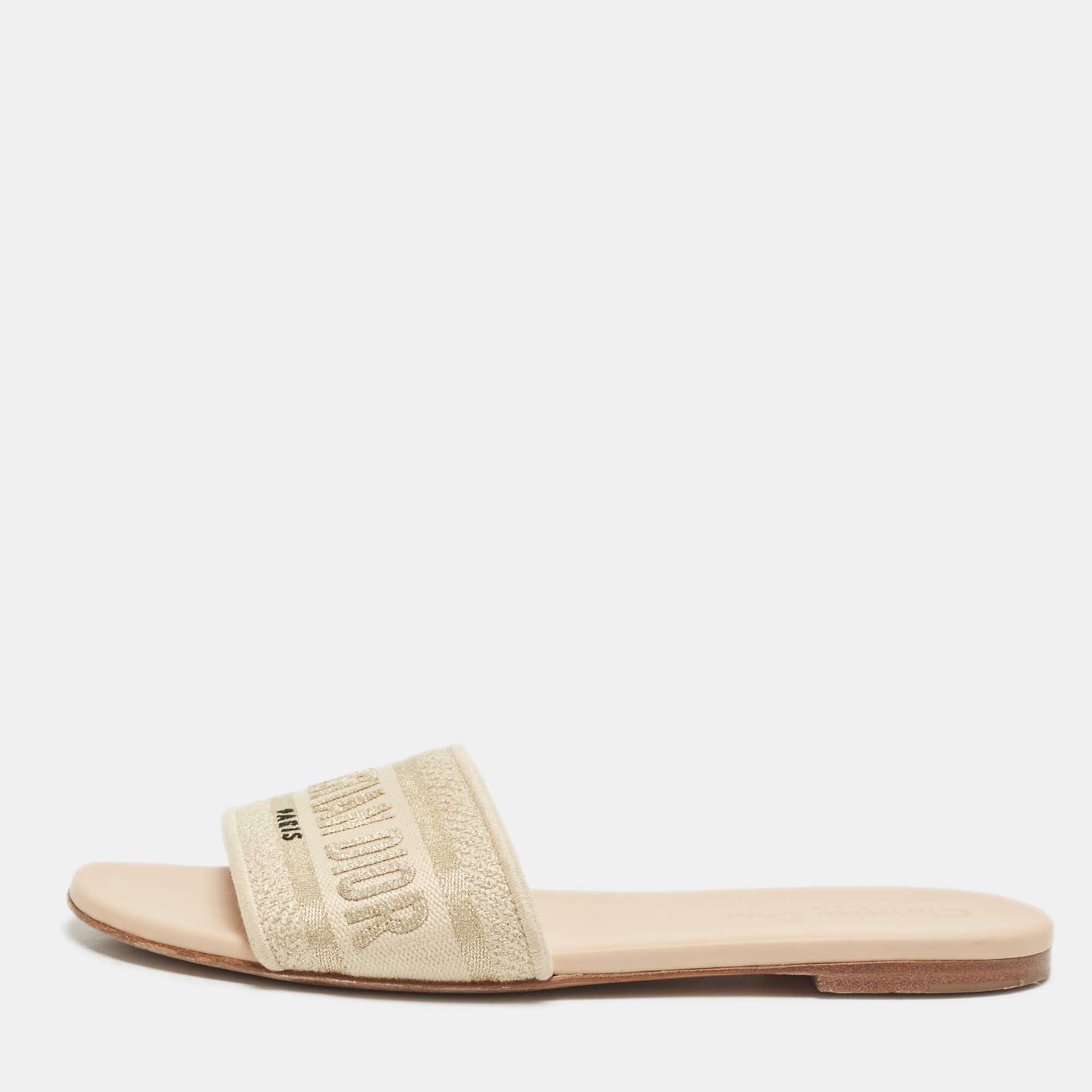 مملوكة مسبقًا Dior Grey/Beige Embroidered Canvas Dway Flat Slides Size 38