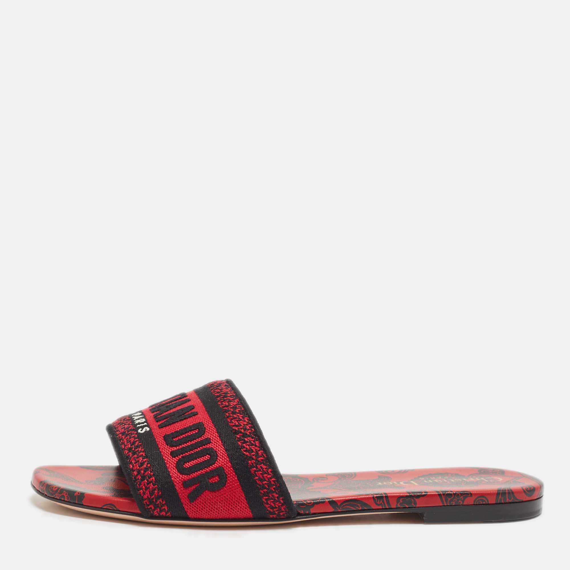 Pre Owned Dior Red/Black Embroidered Canvas Dway Flat Slides Size 37