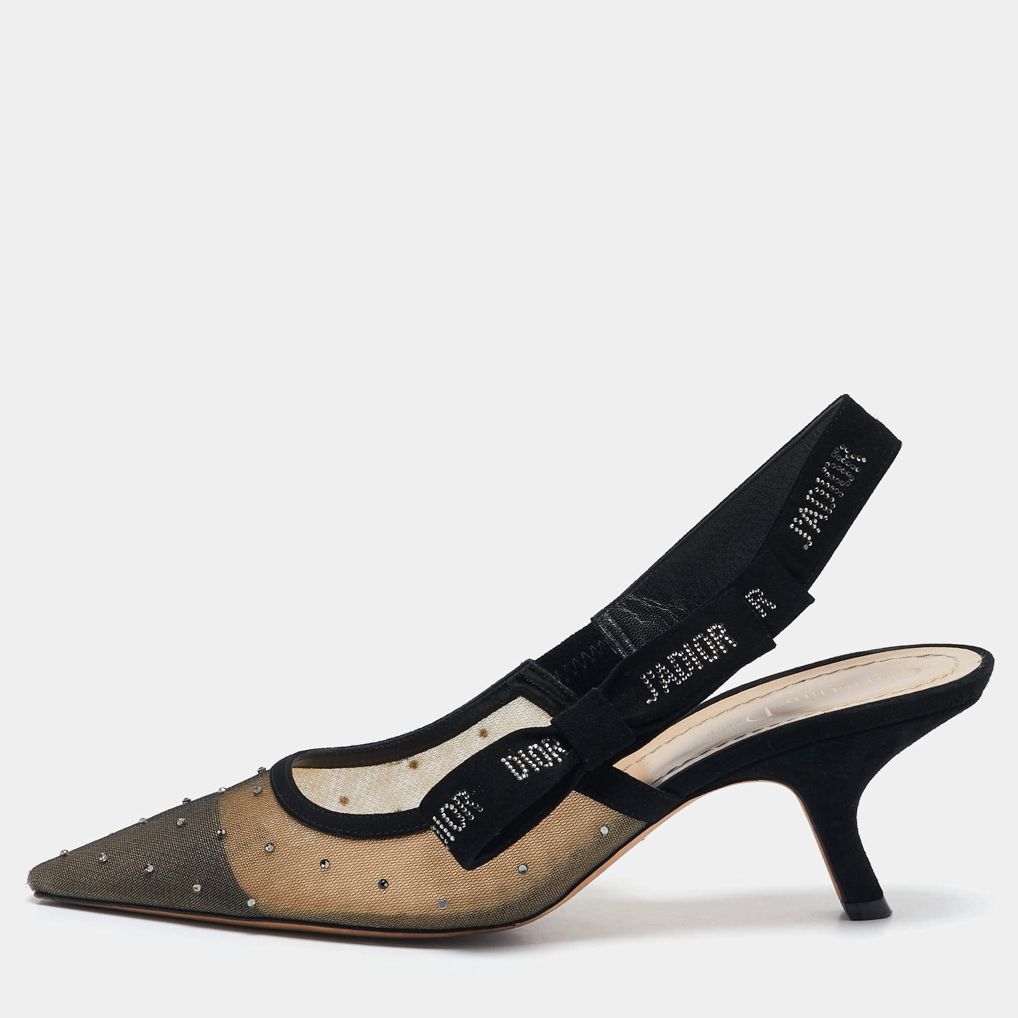 مملوكة مسبقًا Dior Black Mesh and Suede J'Adior Crystals Slingback Pumps Size 40
