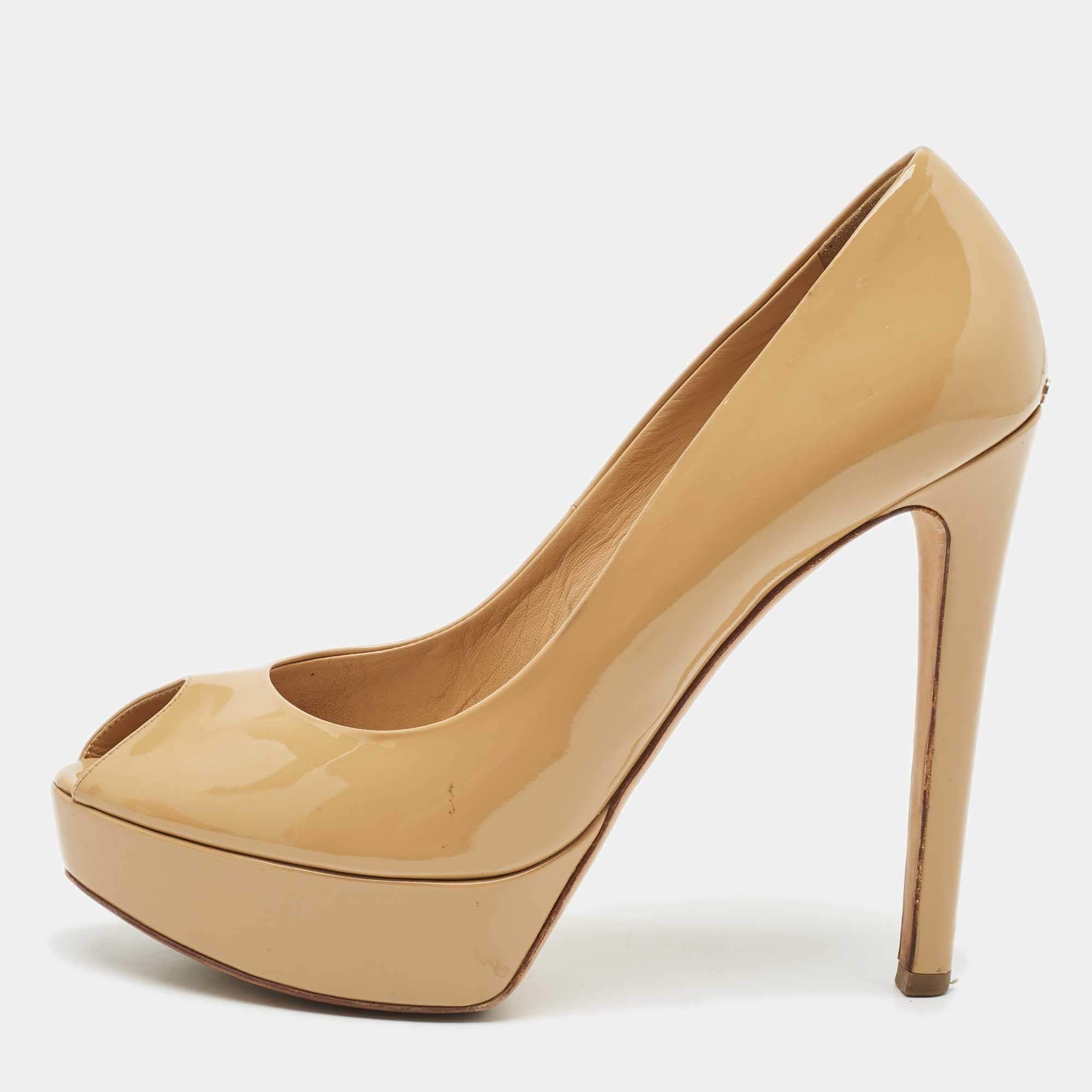 Dior Beige Patent Leather Miss Dior Peep Toe Platform Pumps Size 40