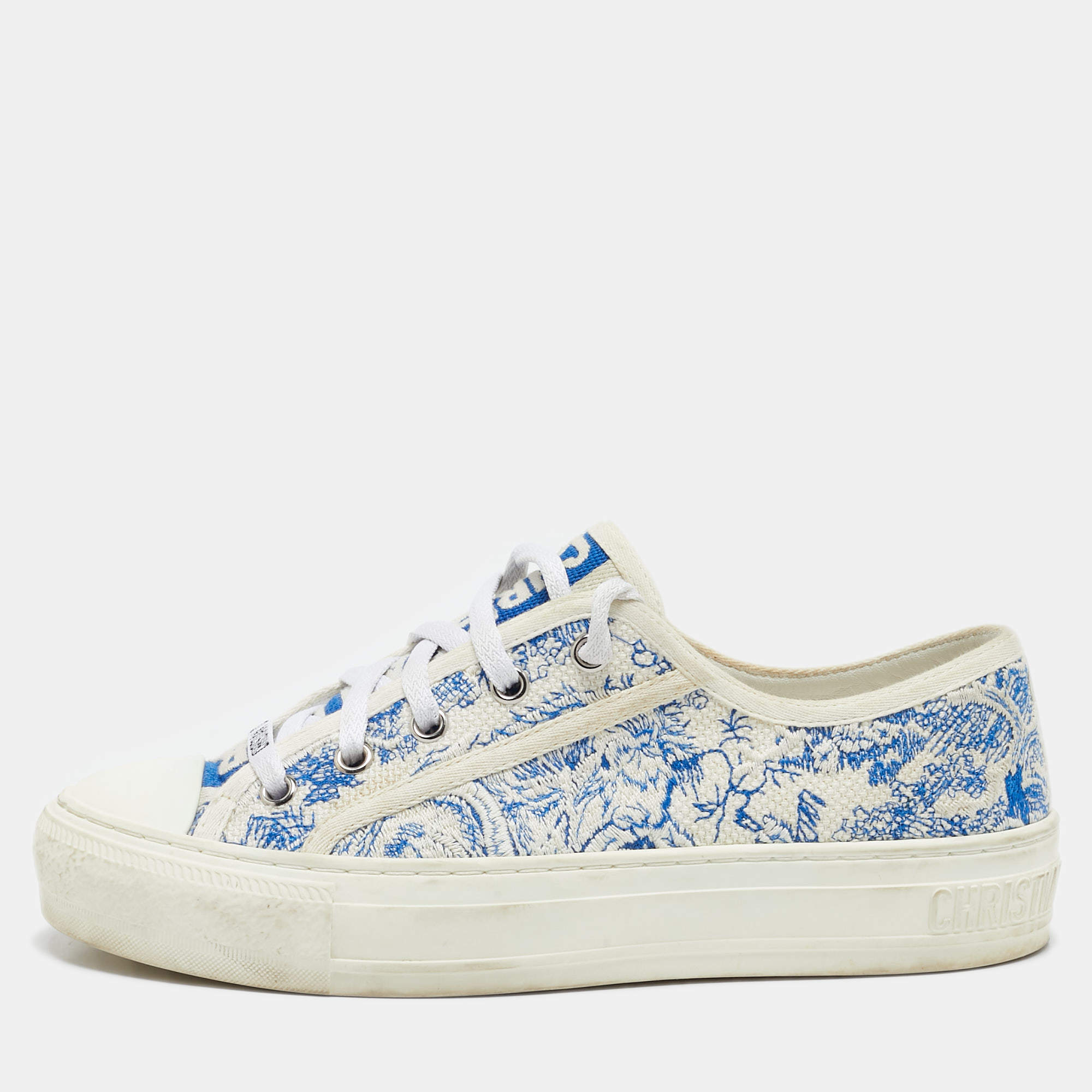 Pre Owned Dior White/Blue Embroidered Canvas Walk'n'Dior Sneakers Size 36