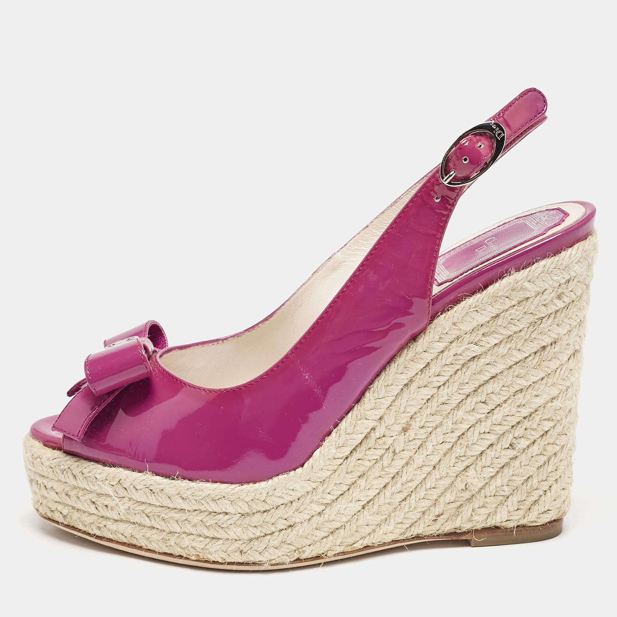 Dior Pink Patent Leather Bow Espadrille Platform Wedge Sandals Size 36