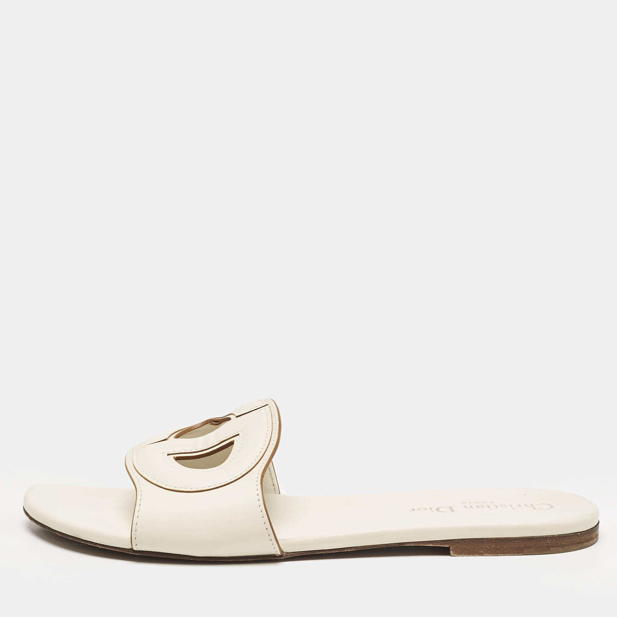 Pre Owned Dior White Leather D Club Flat Slide Sandals Size 39