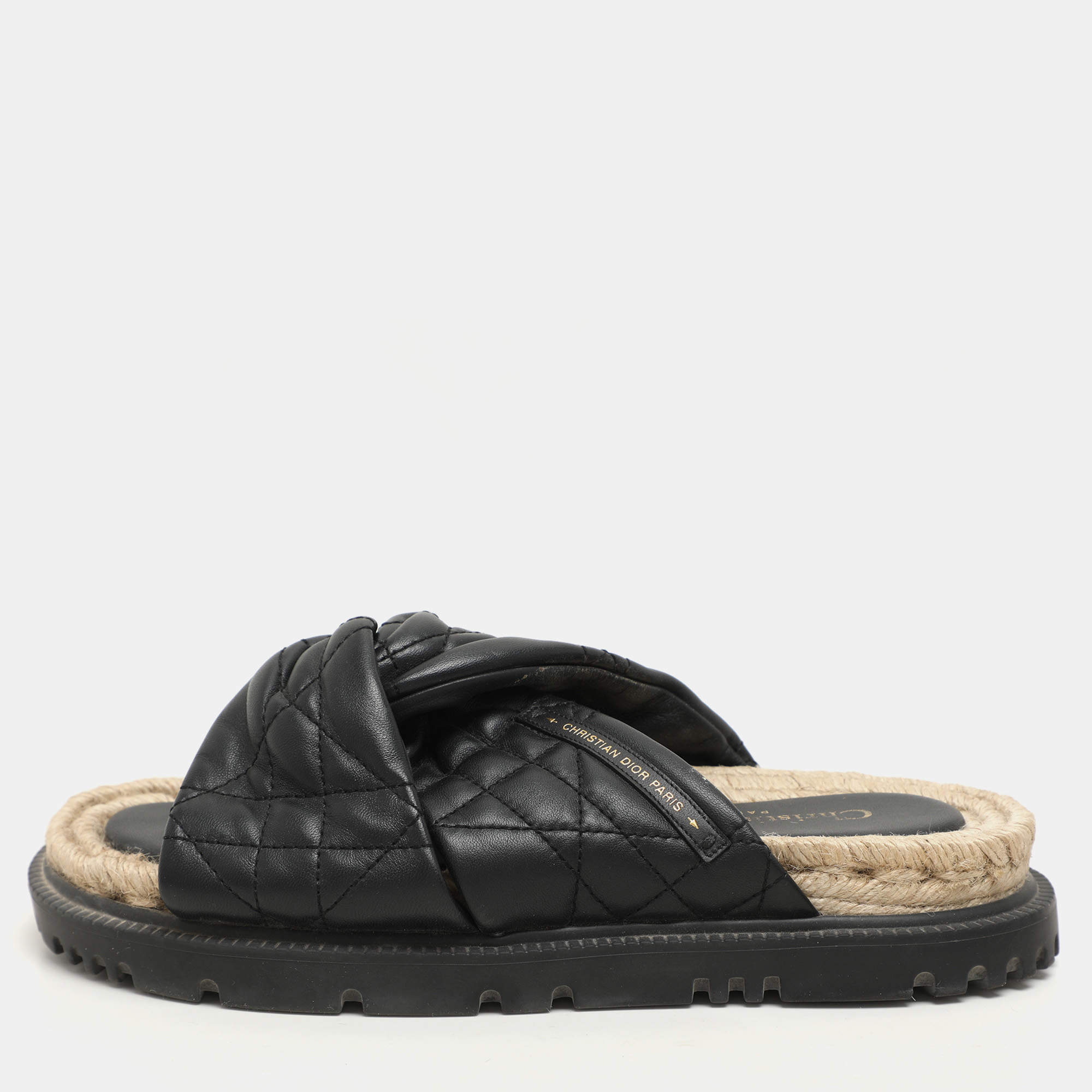 Dior Black Cannage Leather D-Twist Espadrille Slides Size 37