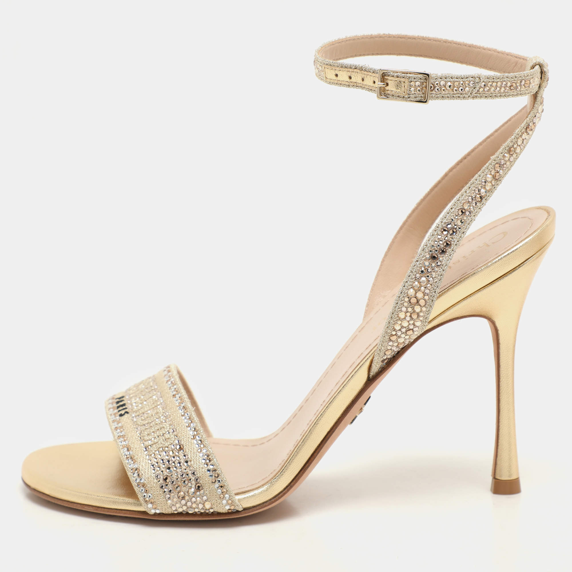 Pre Owned Dior Metallic Beige Canvas Crystals Embellished Dway Ankle Strap Heeled Sandals Size 37