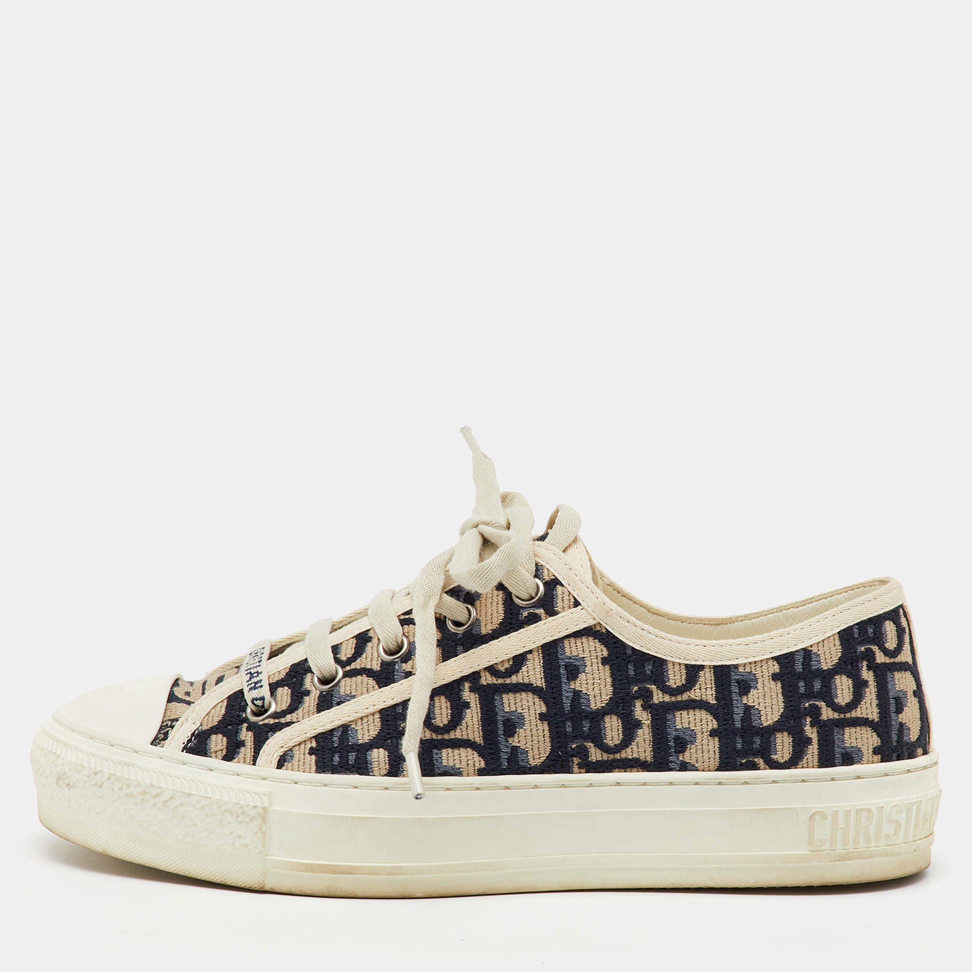 Pre Owned Dior Navy Blue/White Oblique Canvas Walk'n'Dior Low Top Sneakers Size 37