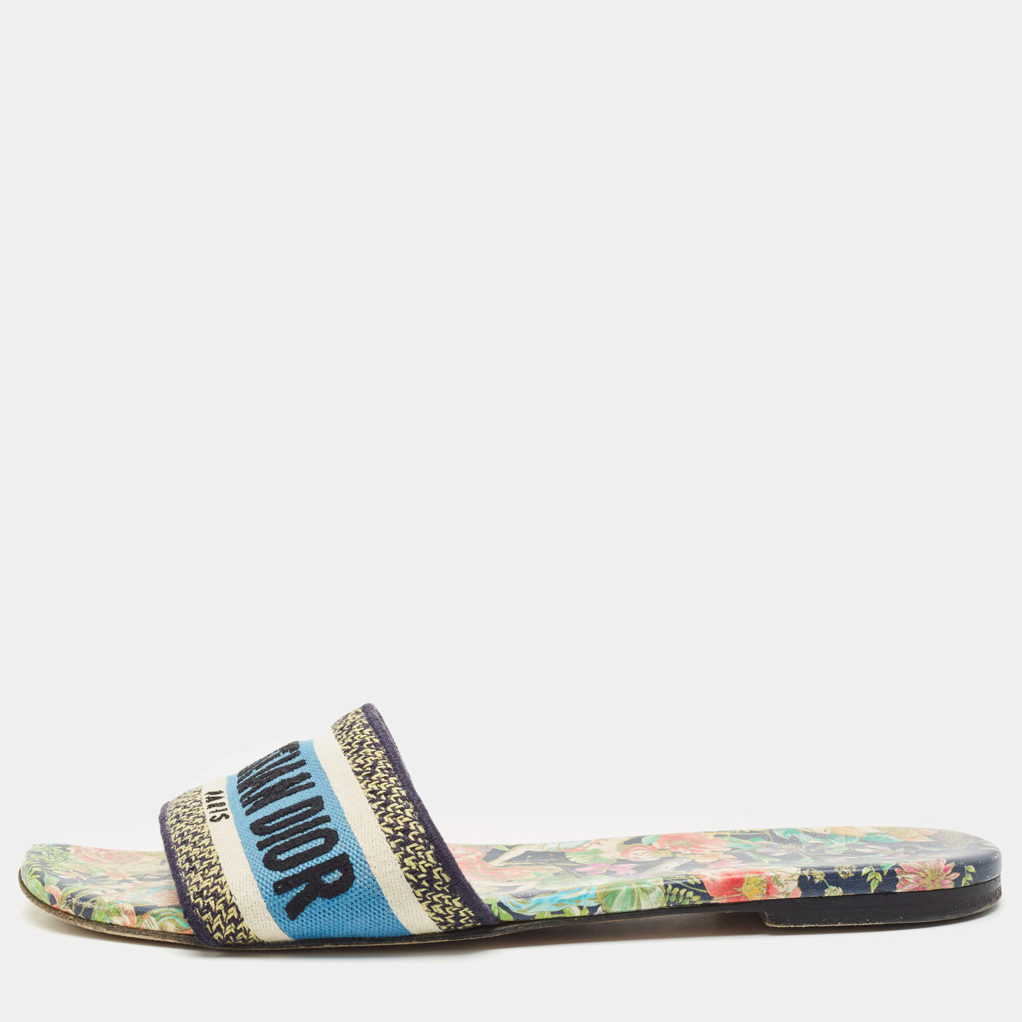 Dior Multicolor Embroidered Canvas Dway Flat Slide Sandals Size 38.5