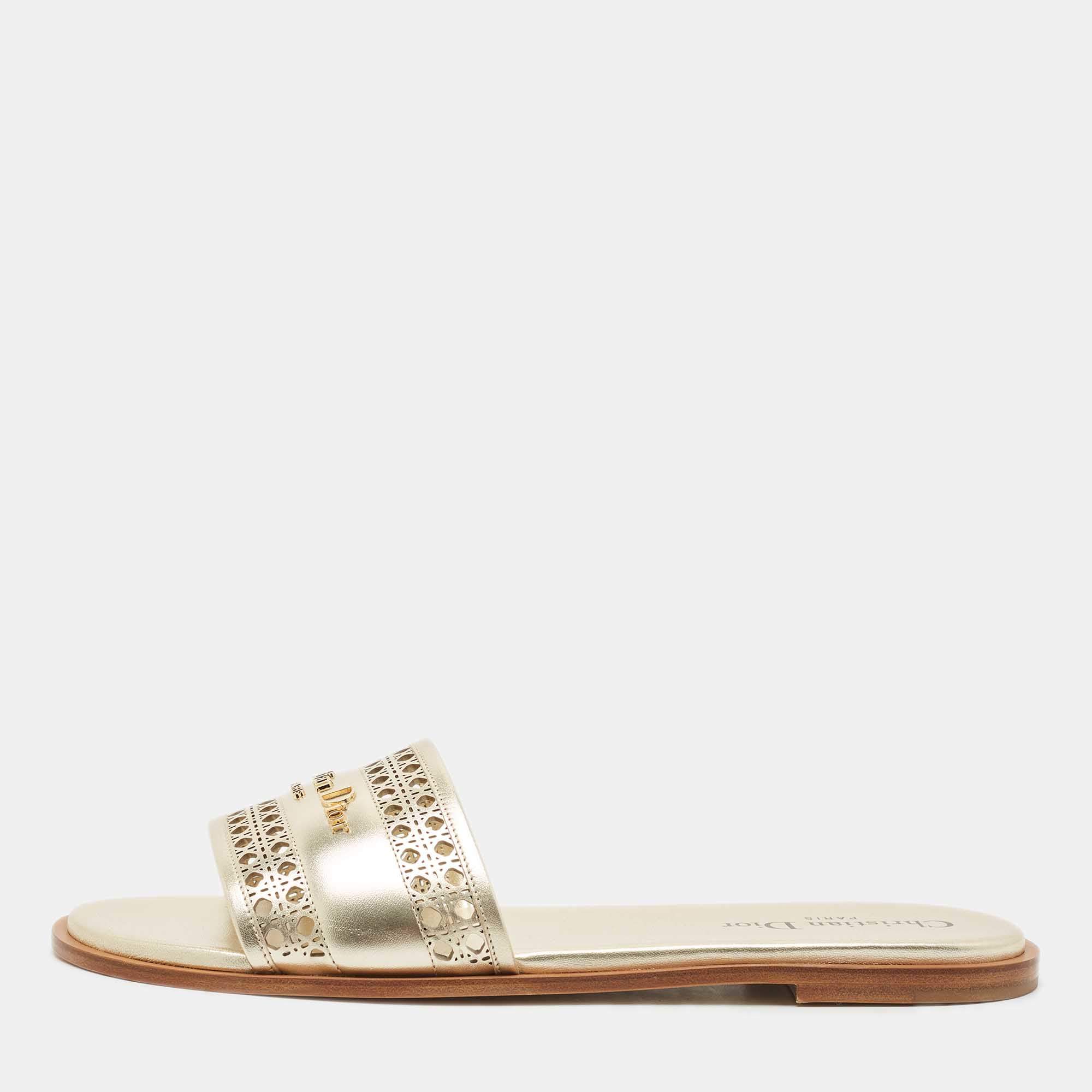 Dior Gold Micro Cannage Leather D-Lane Flat Slide Sandals Size 39