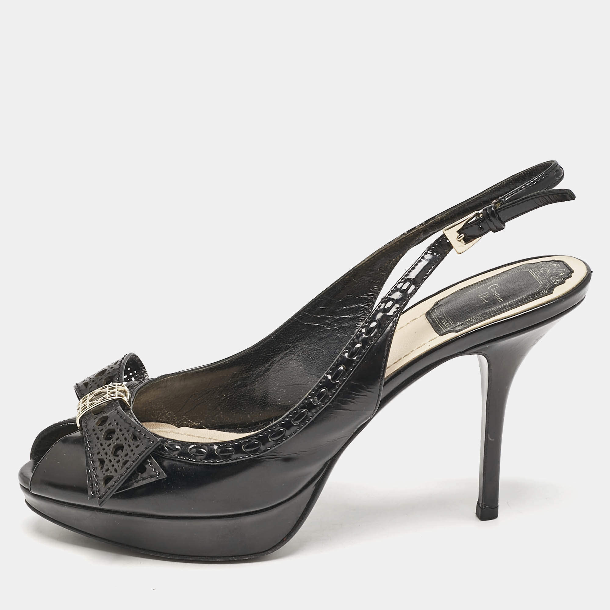 Pre Owned Dior Black Patent Leather Cannage Bow Detail 'Butterfly' Slingback Pumps Size 37