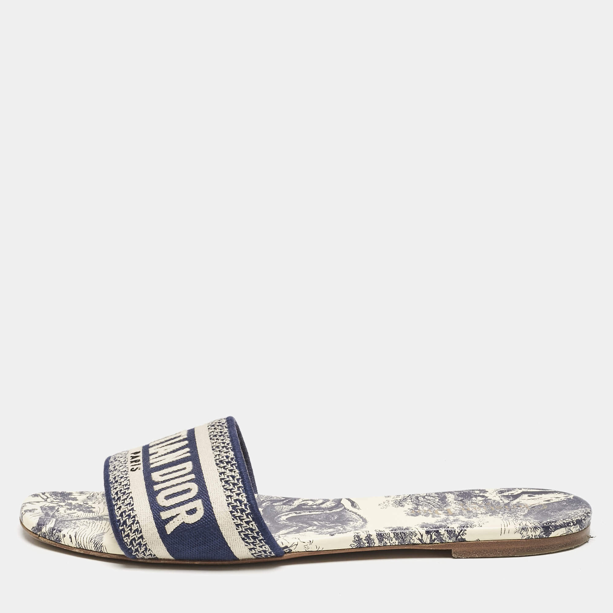 Pre Owned Dior Navy Blue/Grey Canvas Dway Toile De Jouy Flat Slide Sandals Size 40.5