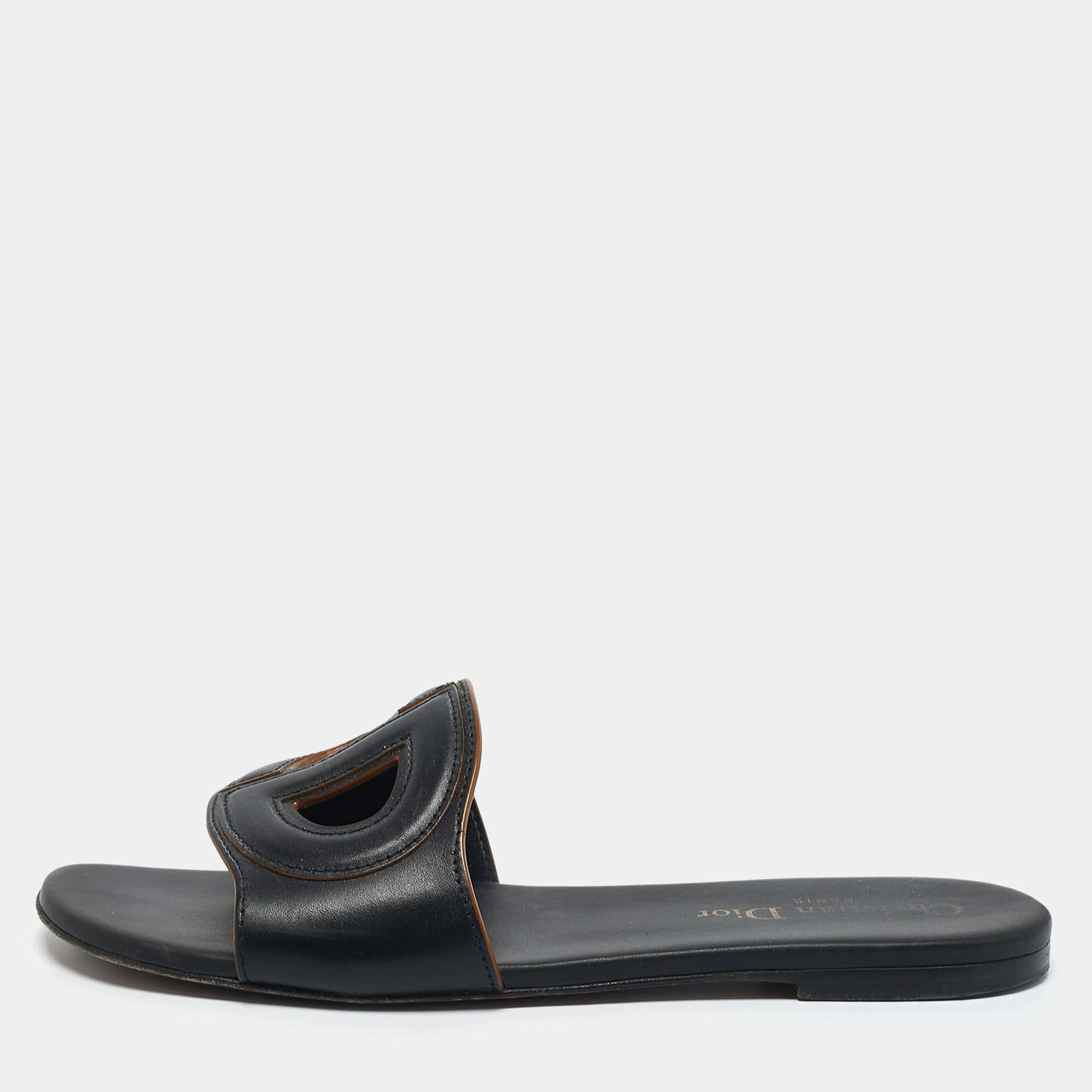 Pre Owned Dior Black Leather D Club Flat Slide Sandals Size 37.5