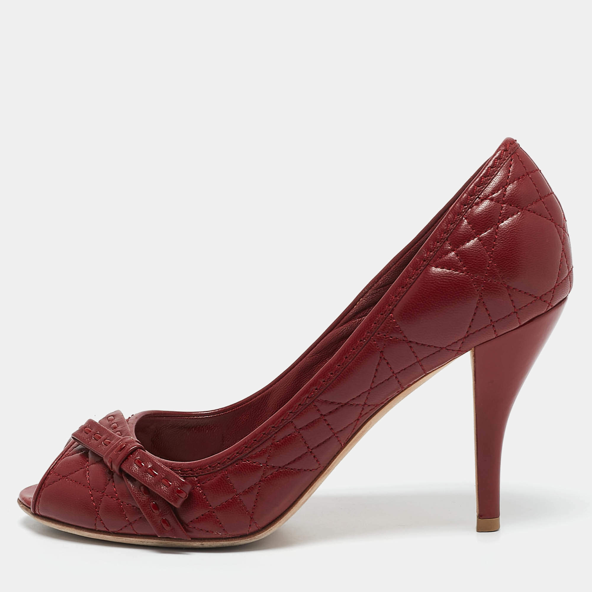 Dior Burgundy Cannage Leather Bow Peep Toe Pumps Size 37