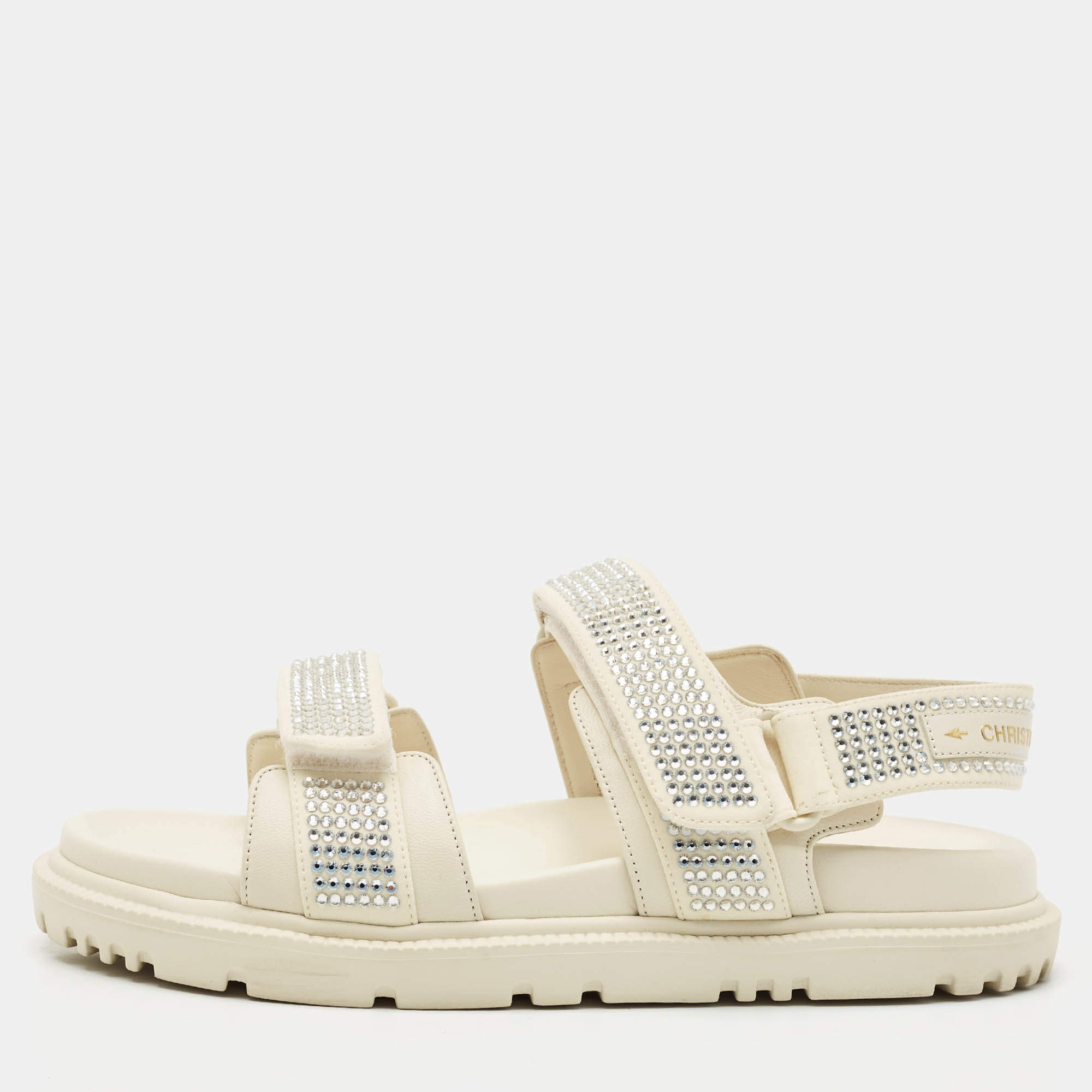 Pre Owned Dior Cream Leather  Crystal Embellished DiorAct Sandals Size 36.5