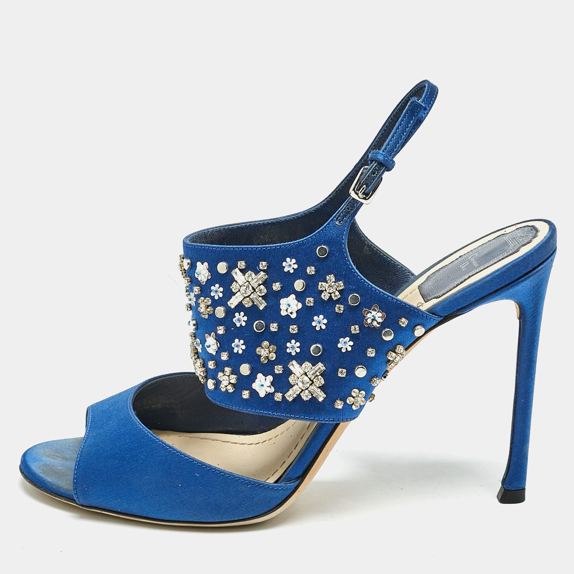 Dior Blue Satin Embellished Slingback Sandals Size 41