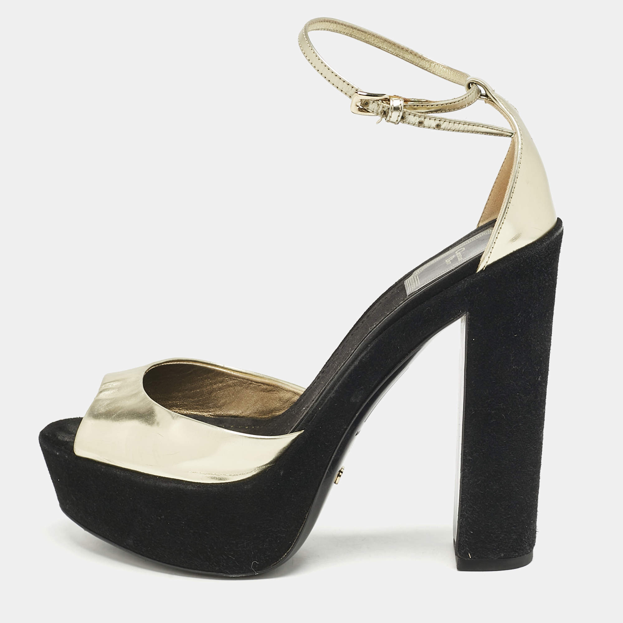 Dior Gold Leather and Suede Block Heel Ankle Strap Sandals Size 37.5