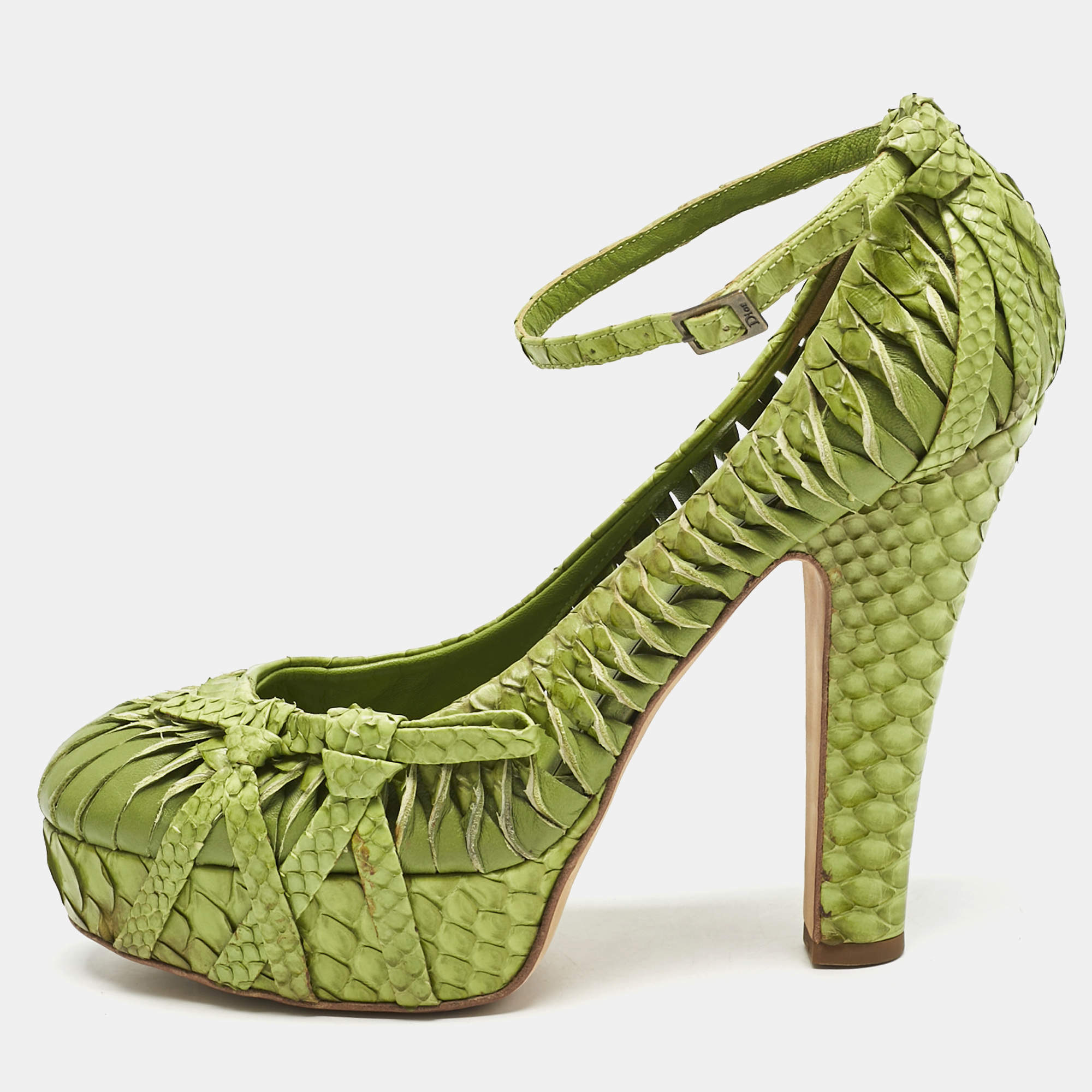 Pre Owned Dior Green Python Leather Knot Detail Ankle Strap Platform Pumps Size 38.5