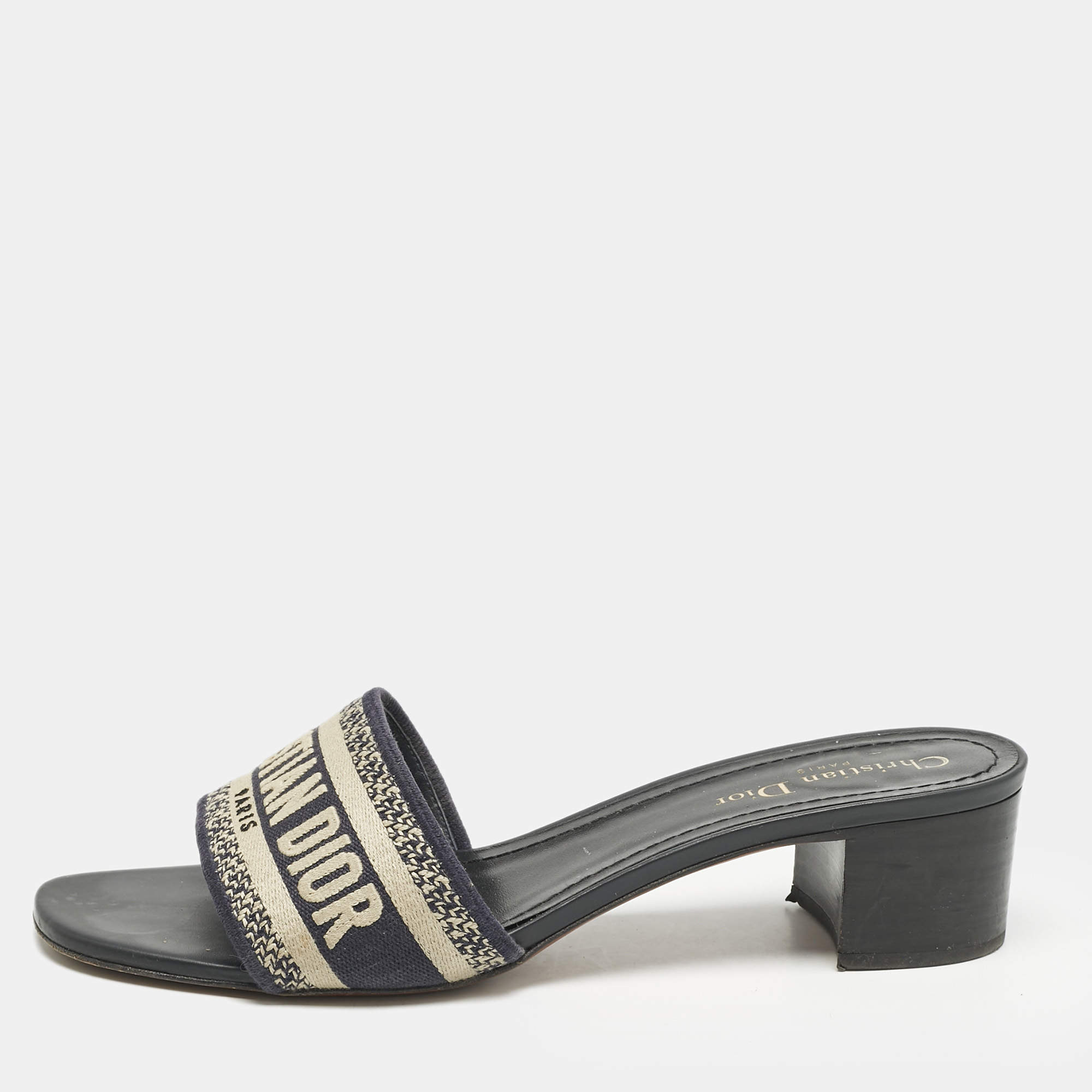 Dior Navy Blue Embroidered Canvas Dway Slide Sandals Size 41