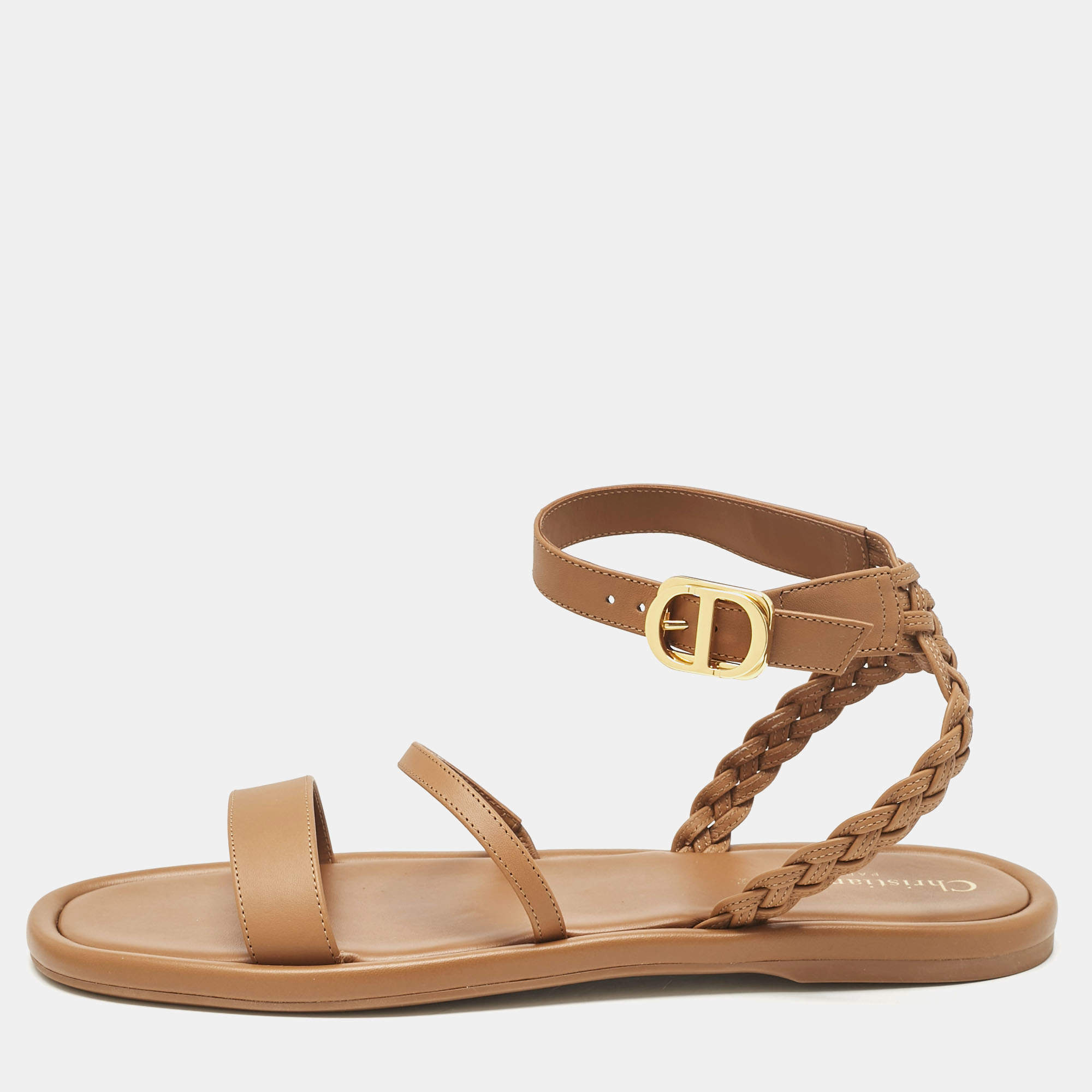 Dior Brown Leather Egee Braided Ankle Strap Flat Sandals Size 39.5