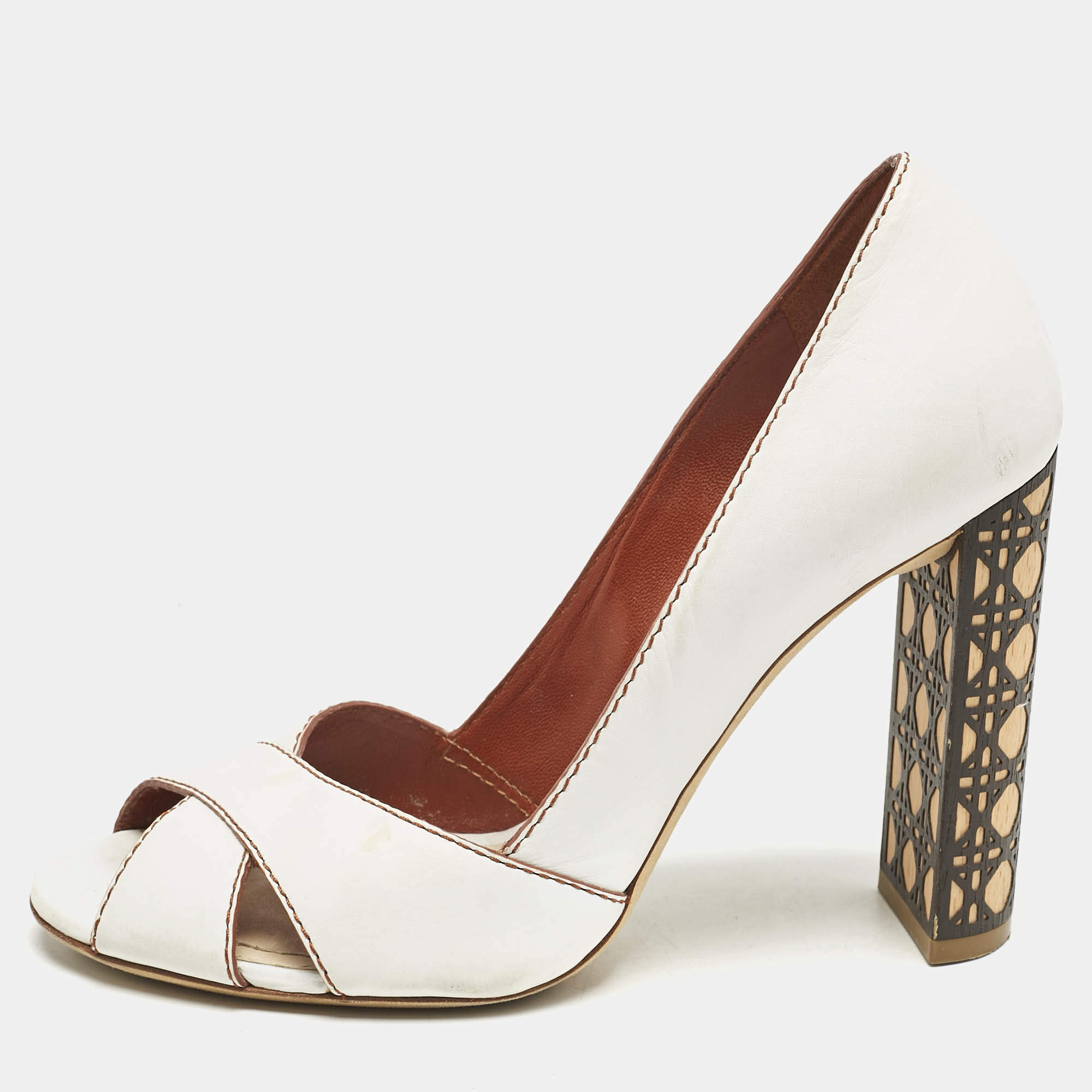 Pre Owned Dior White Leather Criss Cross Cannage Woodden Heel Open Toe Pumps Size 37.5