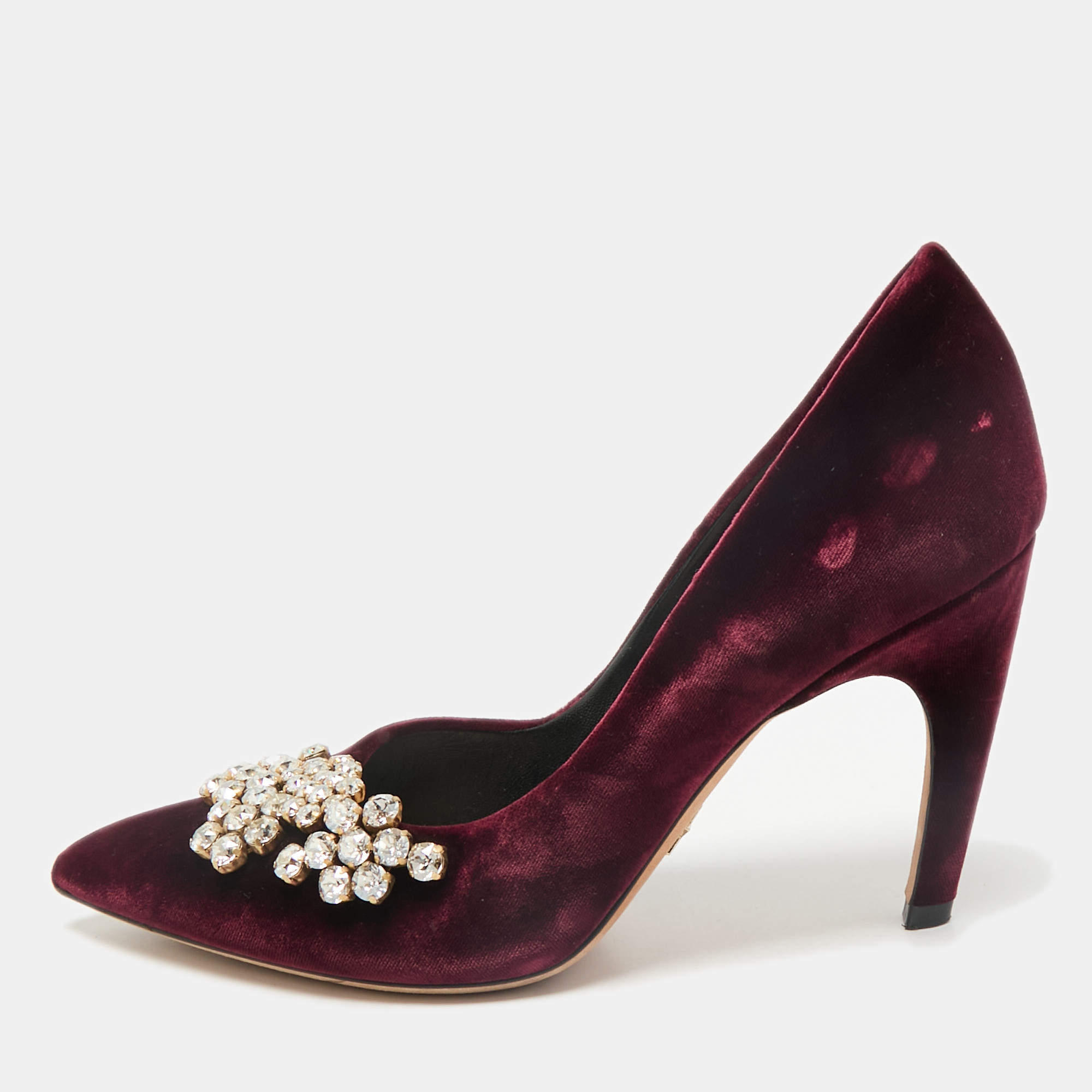 Pre Owned Dior Burgundy Velvet Crystals Embellished Pumps Size 38