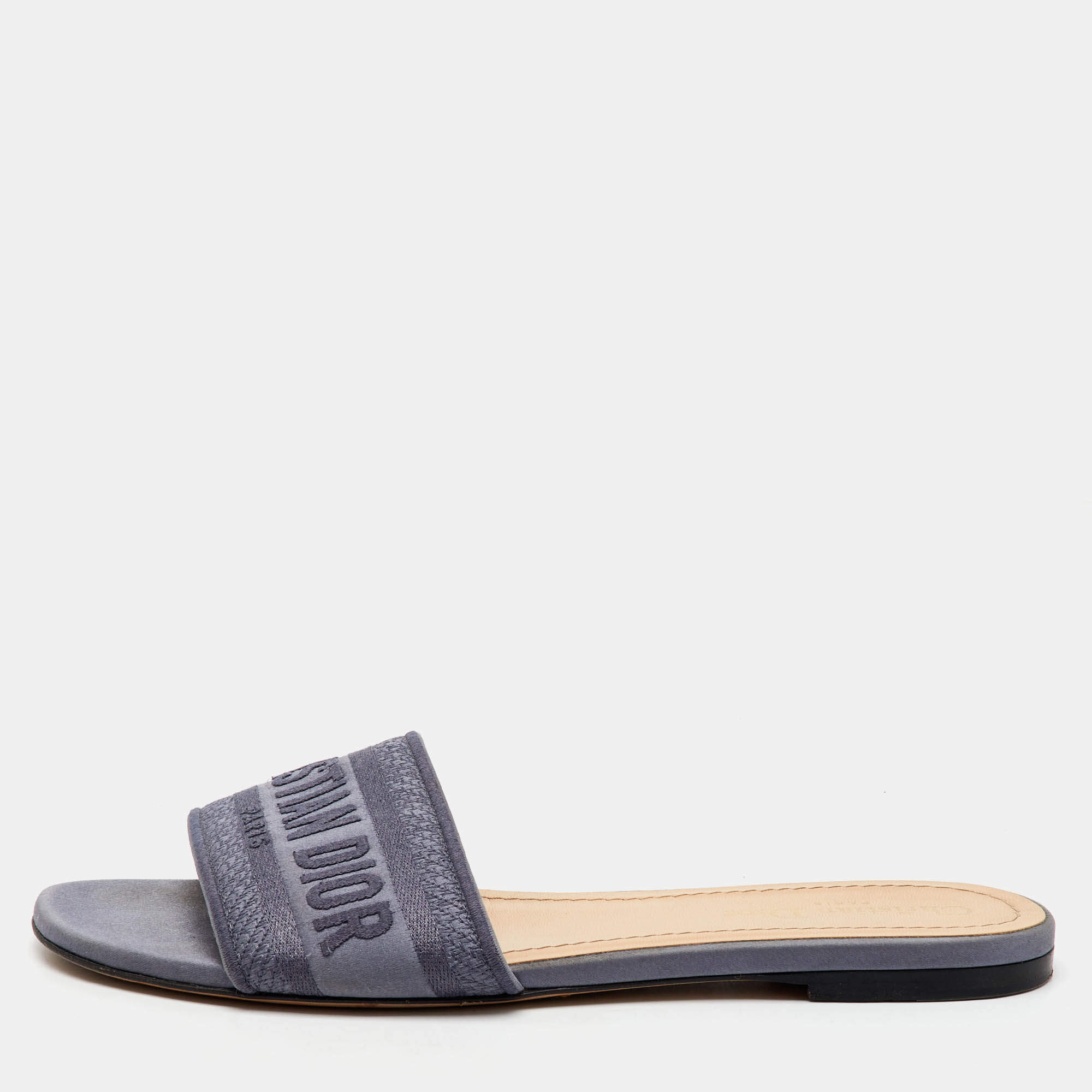 Dior Grey Canvas Dway Slide Flats Size 39 