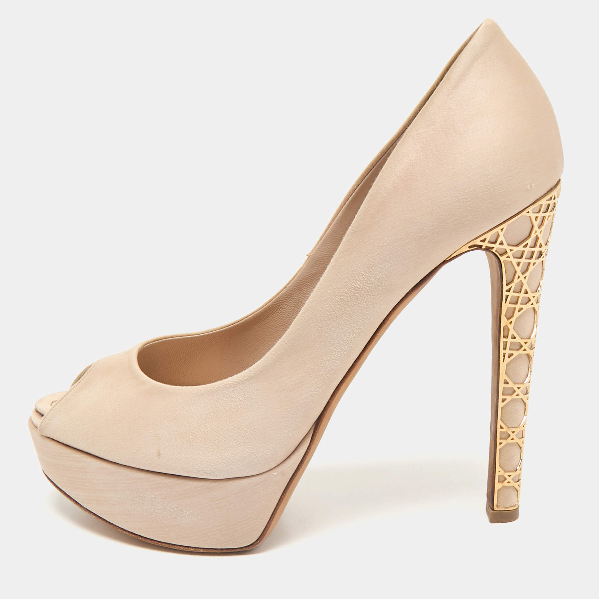 Dior Light Beige Satin Metal Cannage Peep Toe Platform Pumps Size 38.5