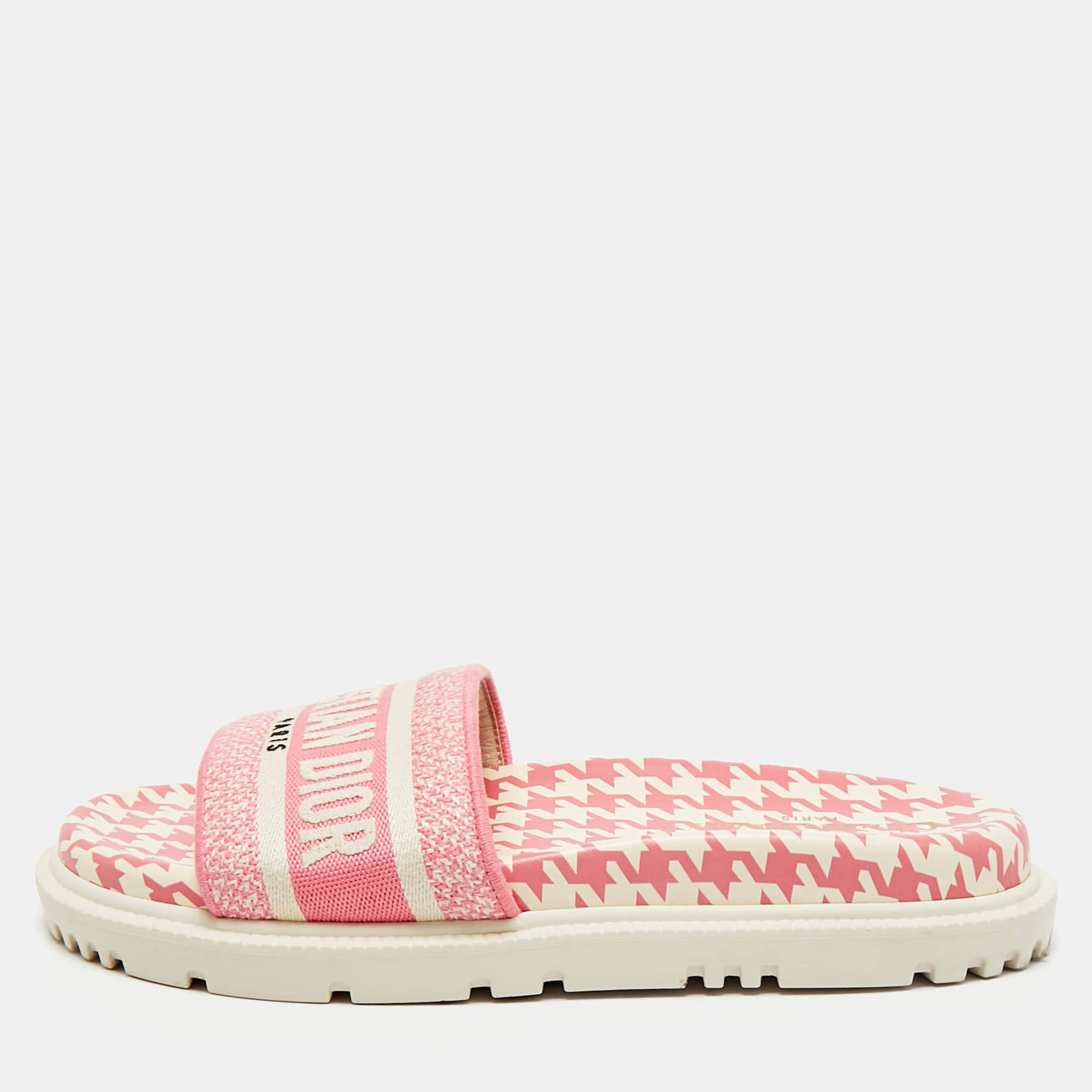 Dior Pink/White Logo Embroidered Canvas Houndstooth Dway Flat Slide Sandals Size 38