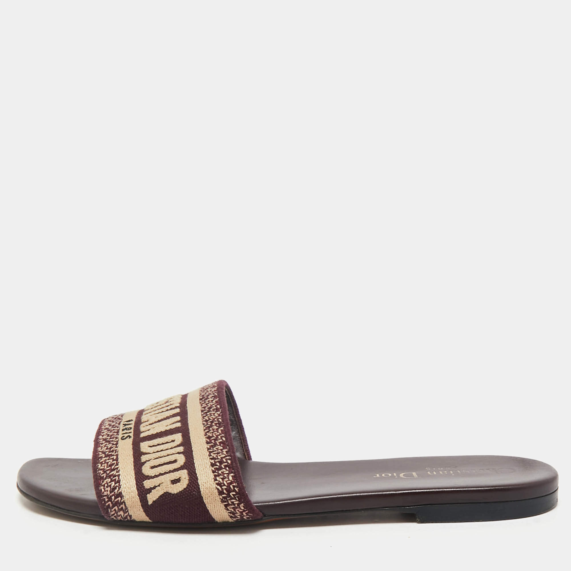 Dior Burgundy Embroidered Canvas Dway Flat Slides Size 38