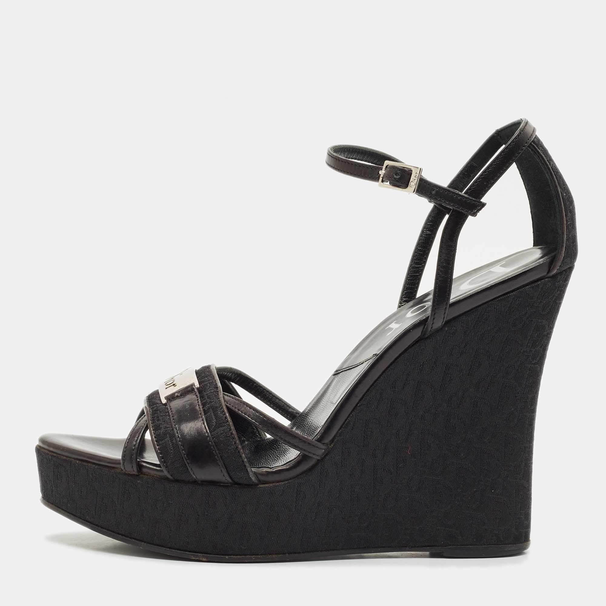 Dior Black Oblique Canvas and Leather Strappy Wedge Sandals Size 36