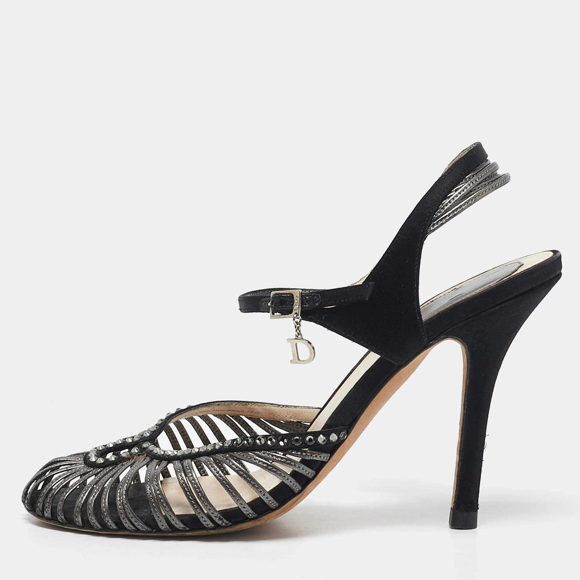 Dior Grey/Black Leather and Satin Crystal Embellished Strappy Sandals Size 37