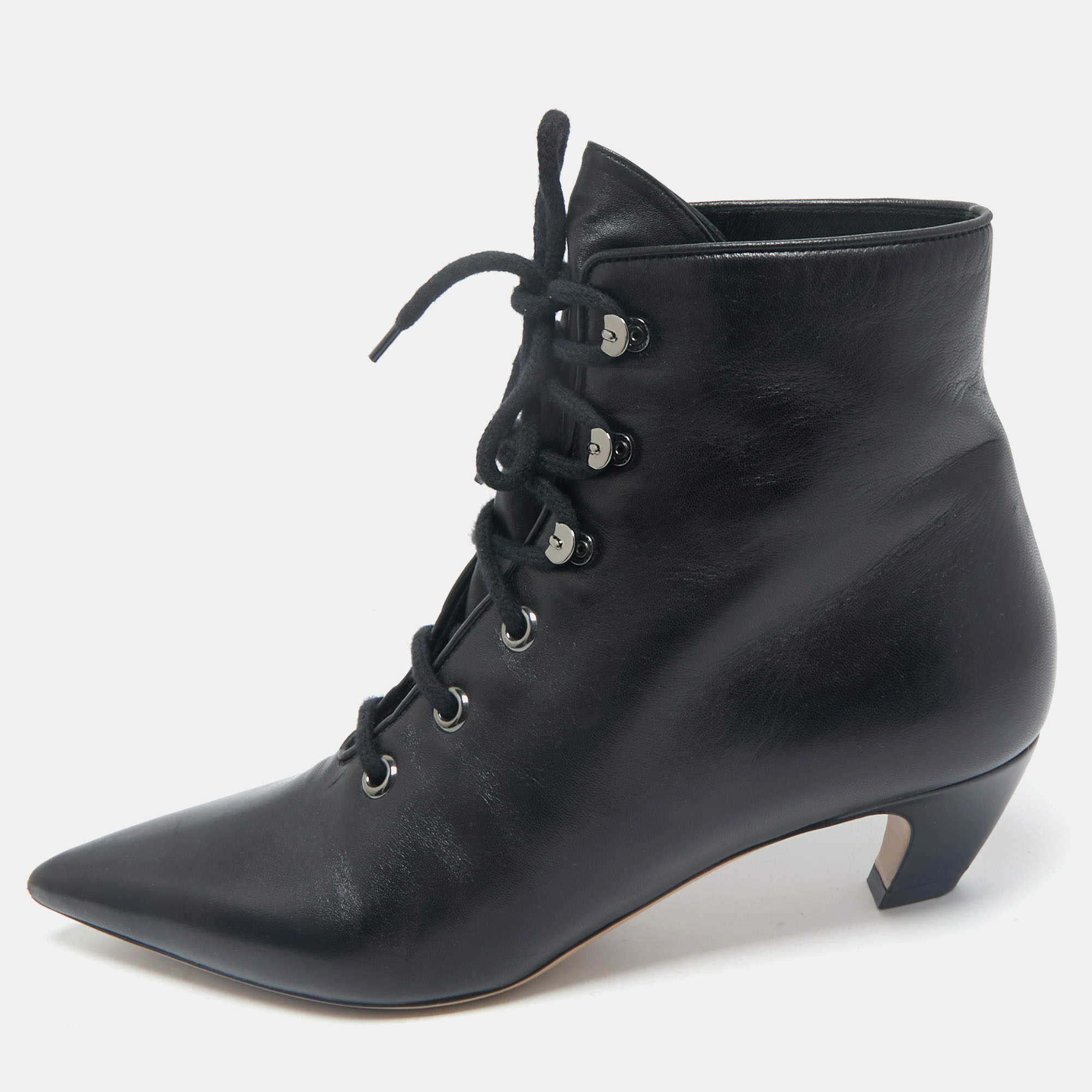 Pre Owned Dior Black Leather Lace Pointed Ankle Length Boots Size 41