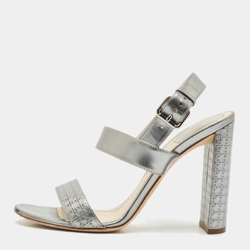 Pre Owned Dior Silver Cannage Quilted Leather Ankle Strap Sandals Size 40
