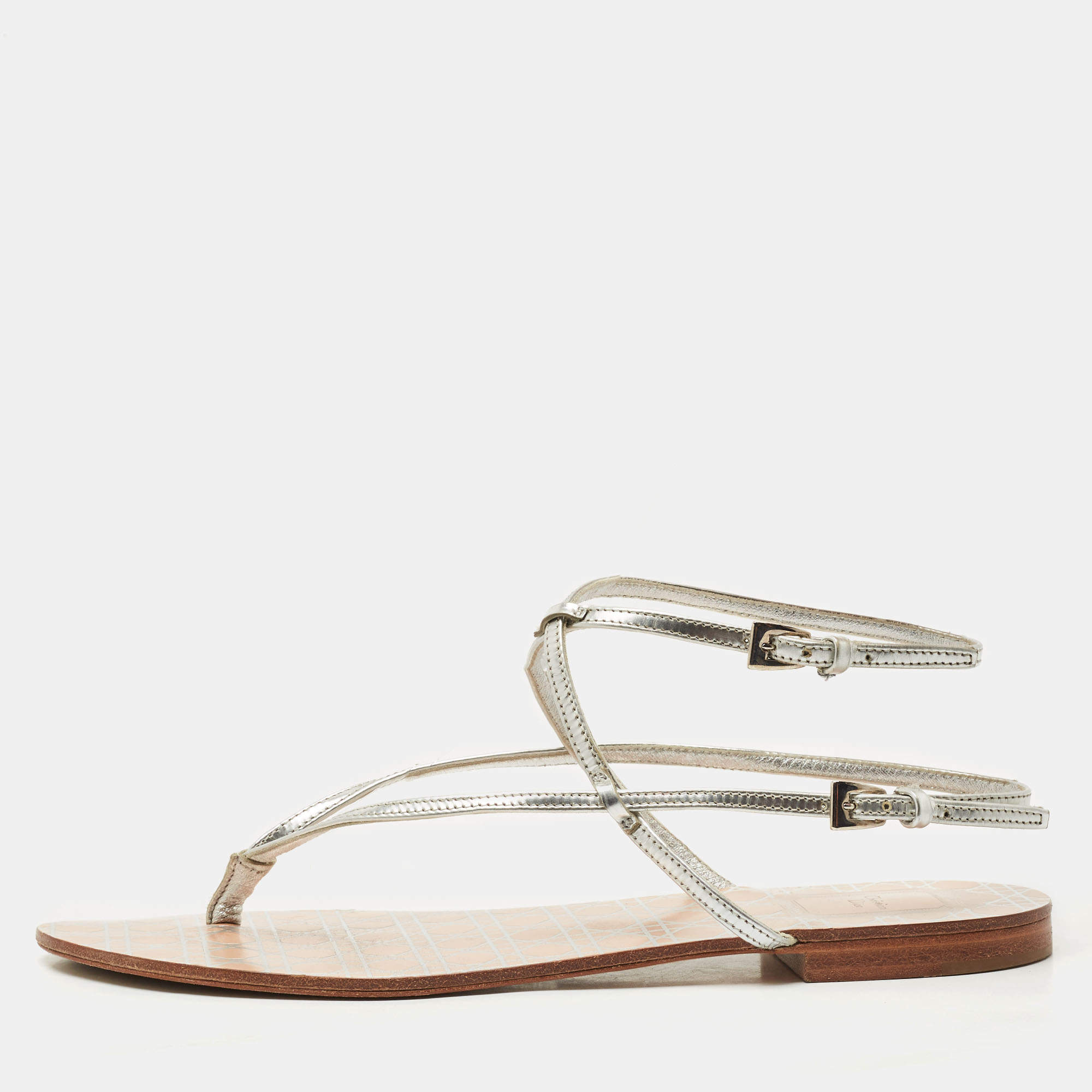 Dior Silver Leather Crystal Embellished Logo Thong Ankle Strap Flat Sandals Size 38