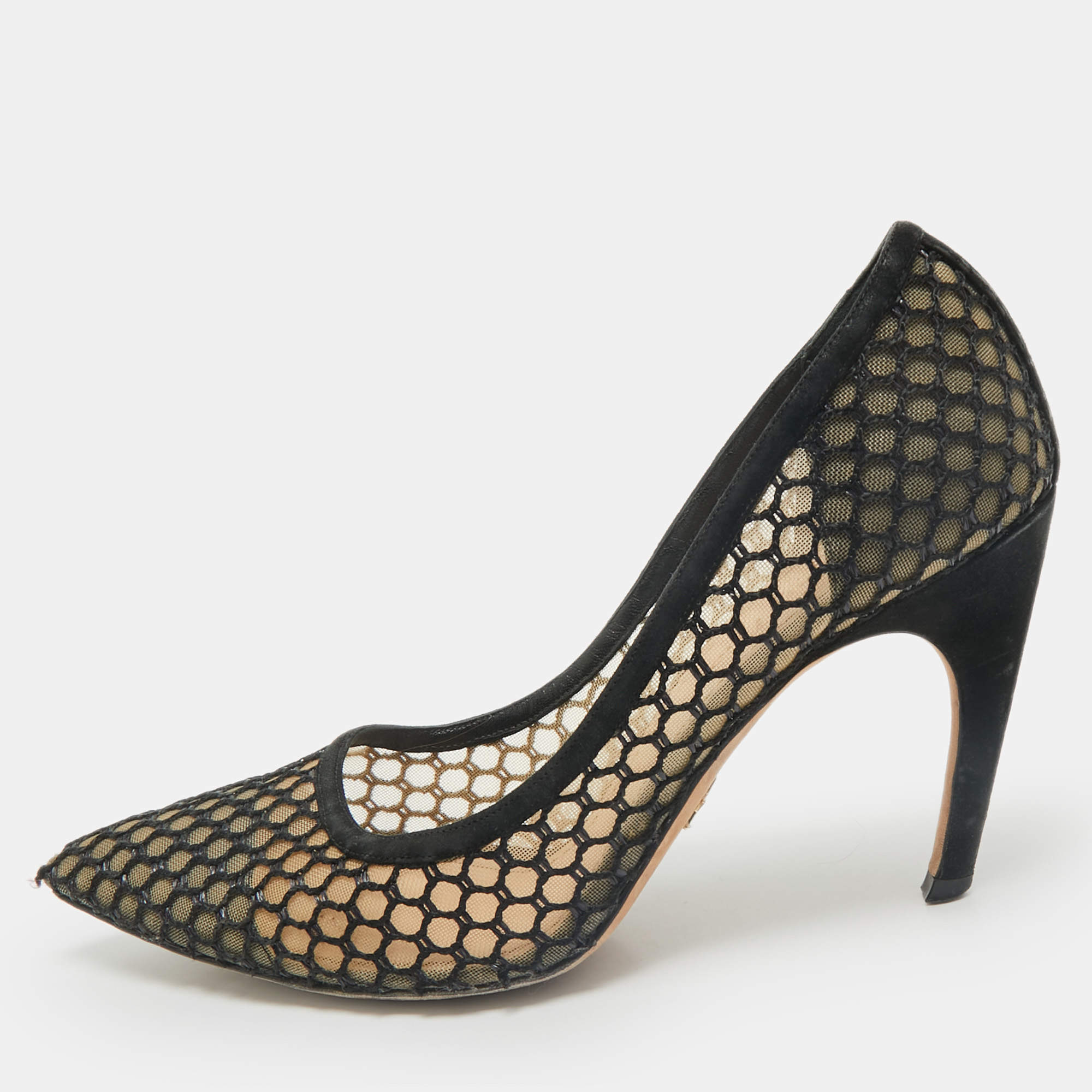 Pre Owned Dior Black/Beige Lace and Mesh Pointed Toe Pumps Size 38