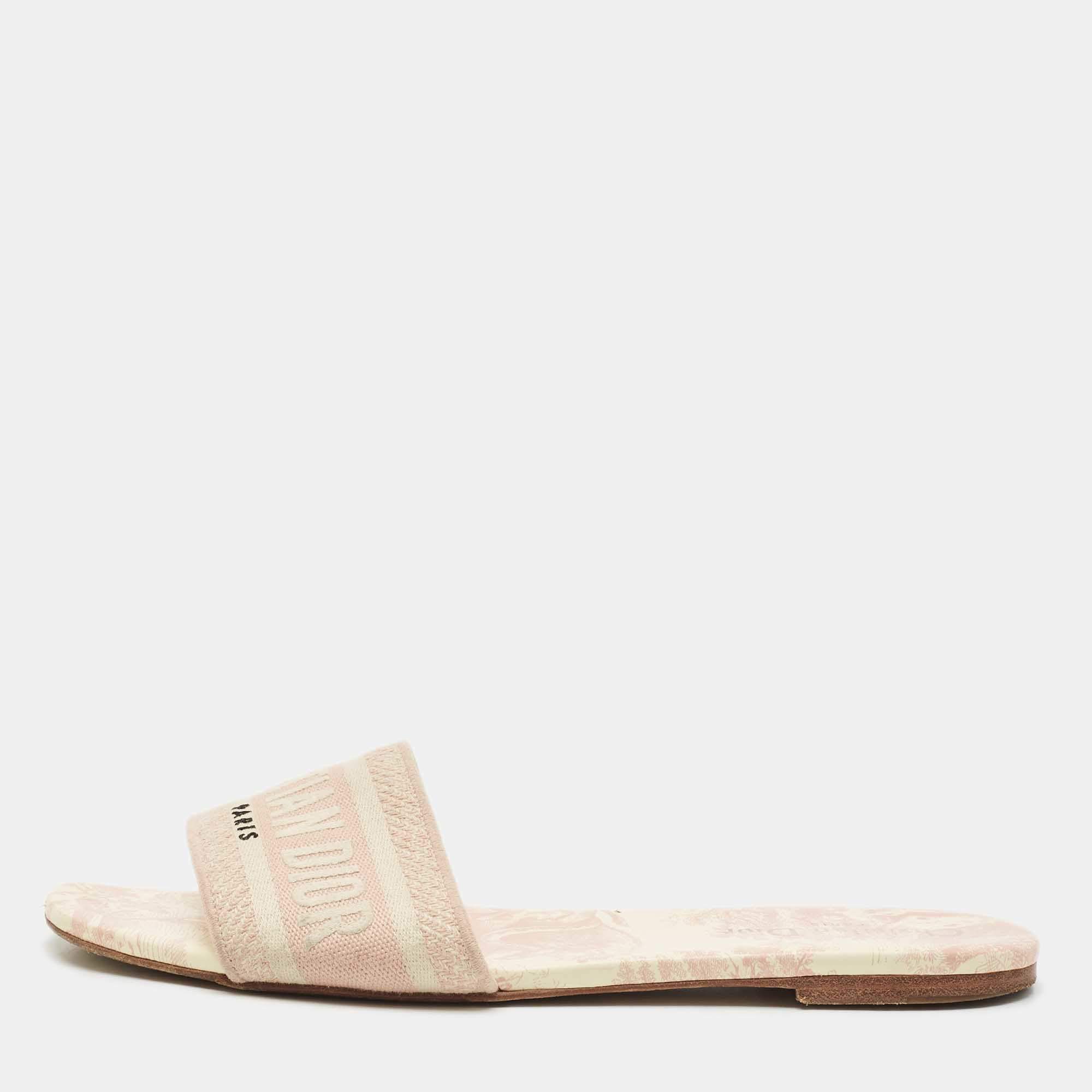 Dior Pink/Cream Embroidered Canvas Dway Flat Slides Size 40.5