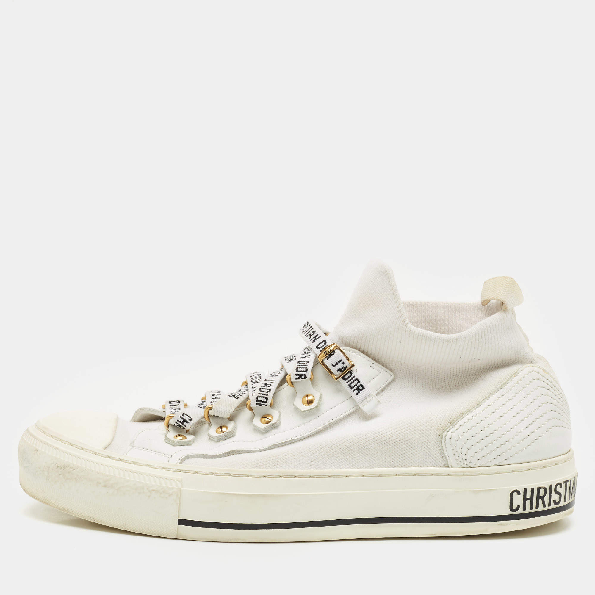 Pre Owned Dior White Fabric Walk'n'Dior Lace Up High-Top Sneakers Size 38
