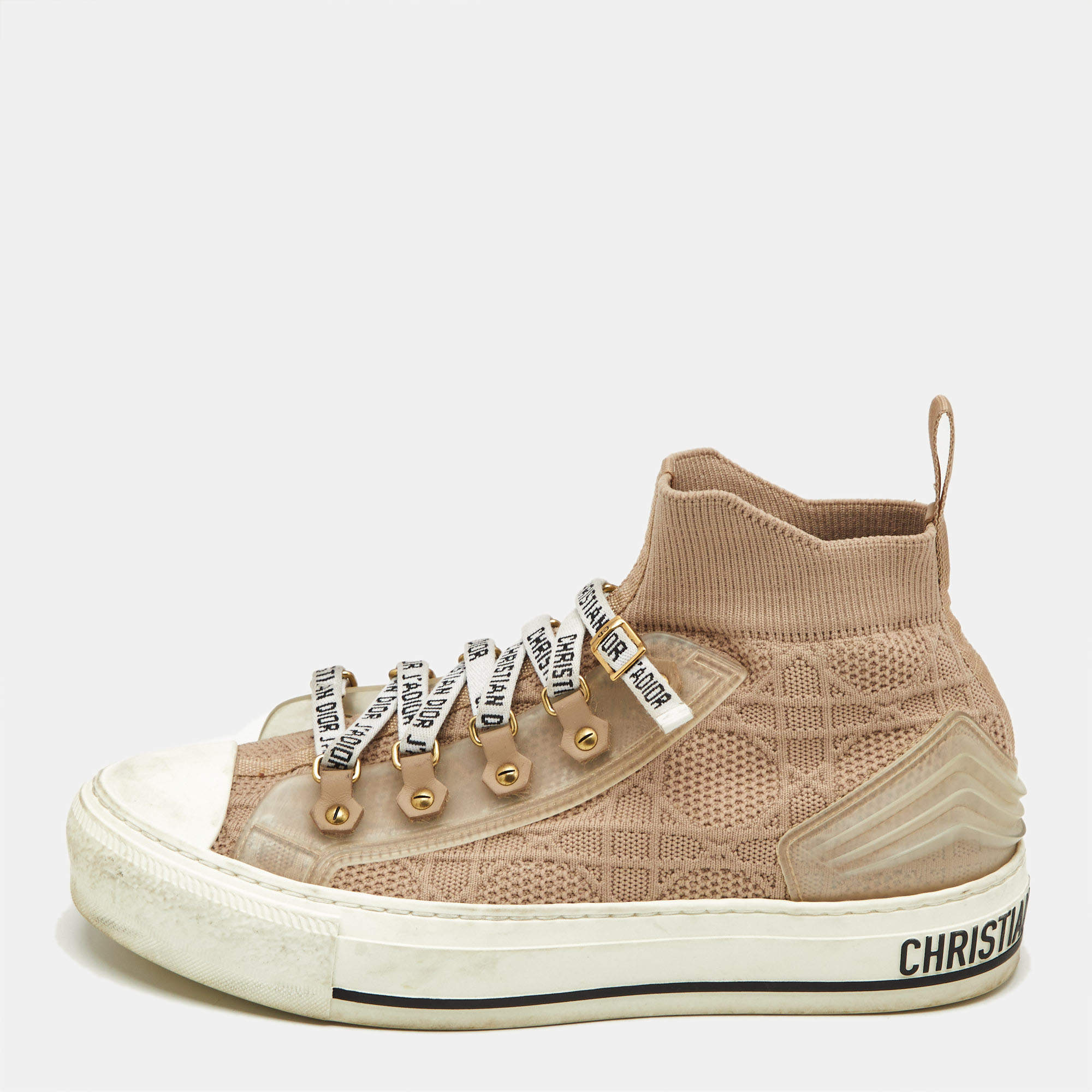 Pre Owned Dior Beige Knit Fabric Walk'n'Dior High Top Sneakers Size 36