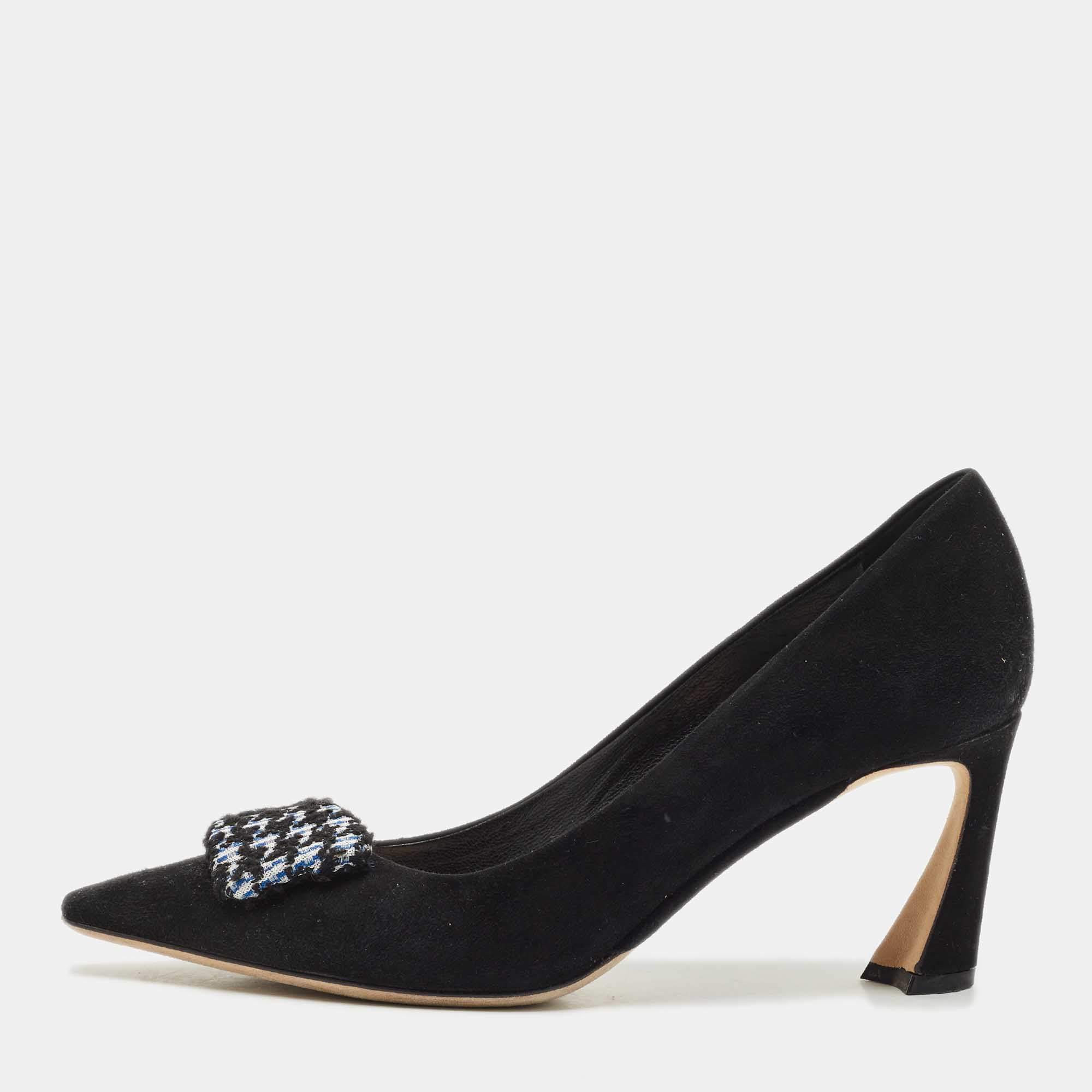 Dior Black/White Suede Houndstooth Buckle Pointed Toe Pumps Size 37.5