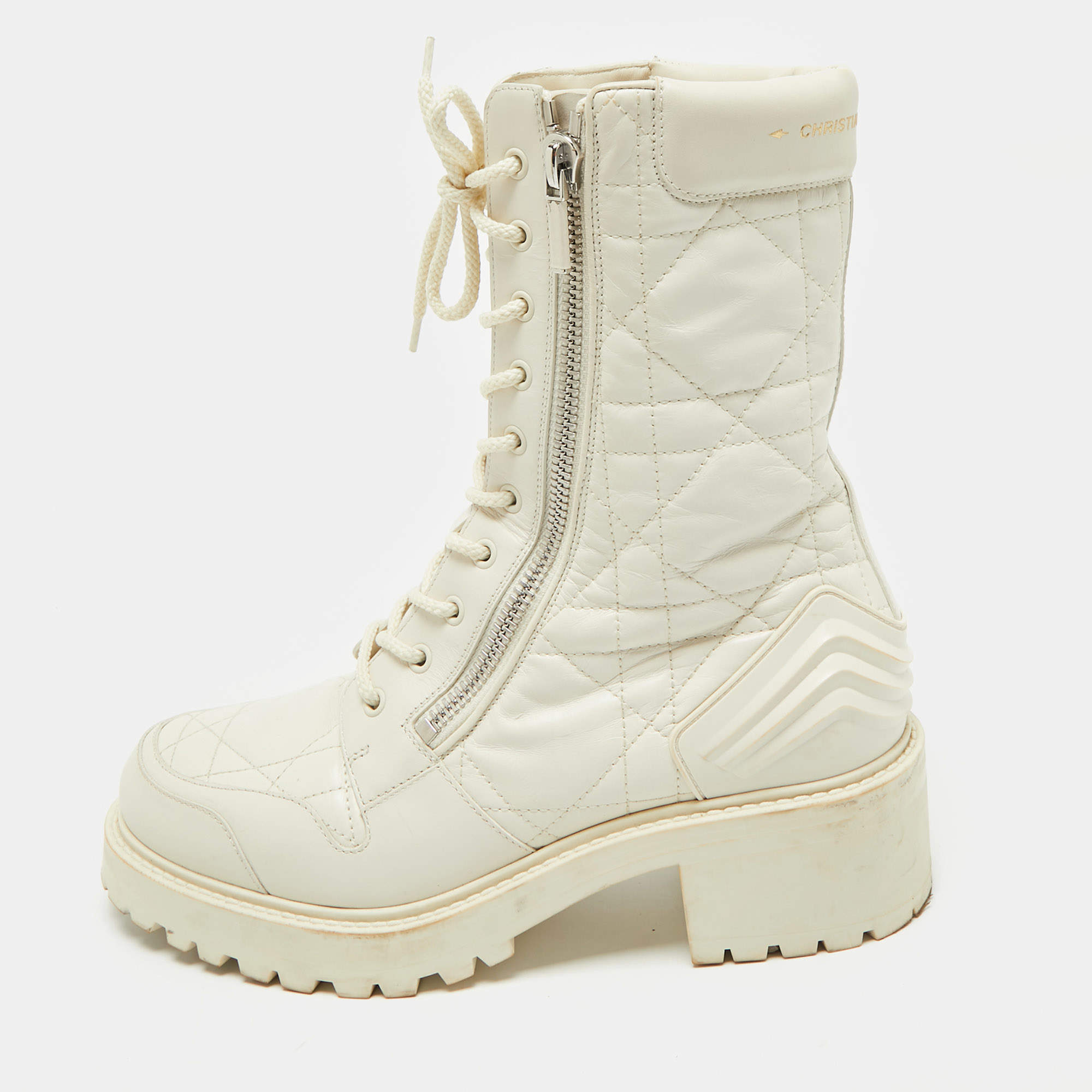 Dior Cream Leather Quilted Cannage D-unit Ankle Length Boots Size 41