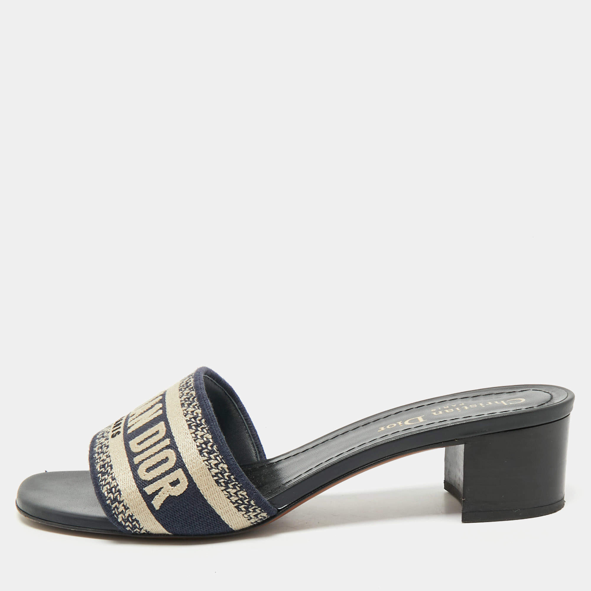 Dior Navy Blue Embroidered Canvas Dway Slide Sandals Size 38.5