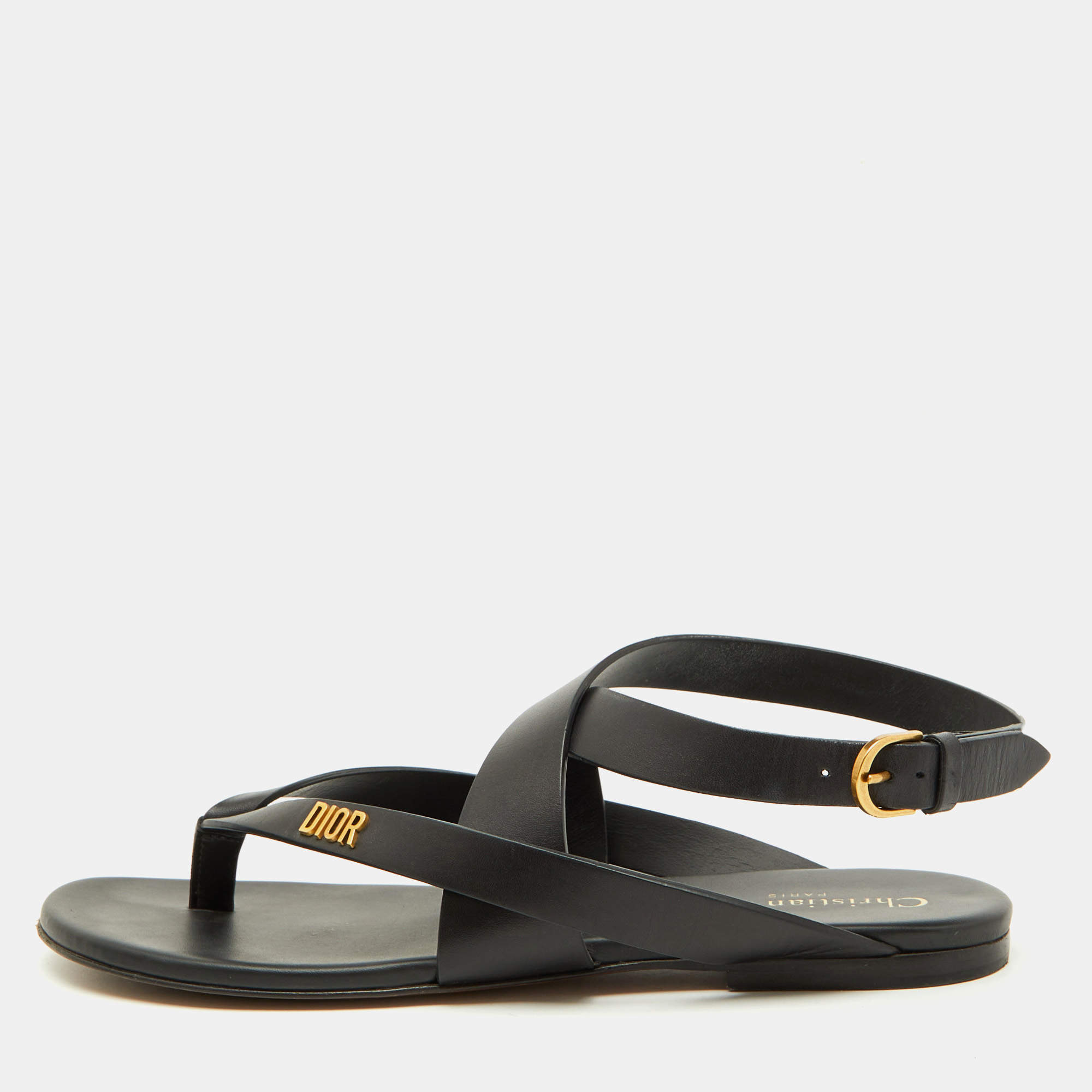 Pre Owned Dior Black Leather Strappy Dior Up Flat Thong Sandals Size 38