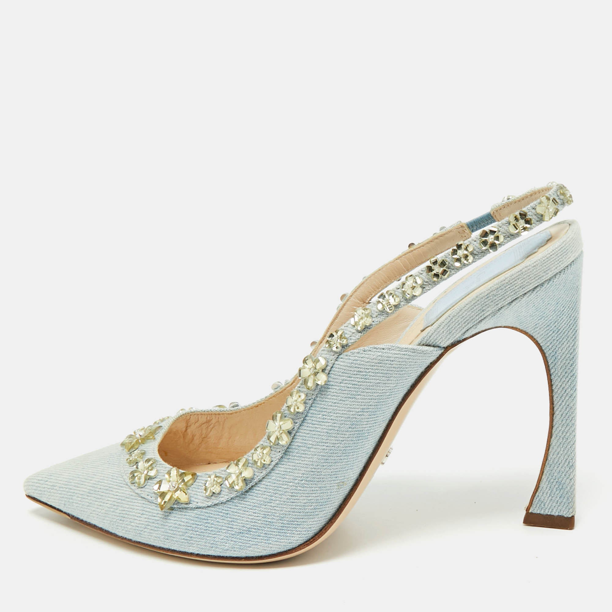 Pre Owned Dior Blue Canvas Crystal Embellished Slingback Pumps Size 38.5